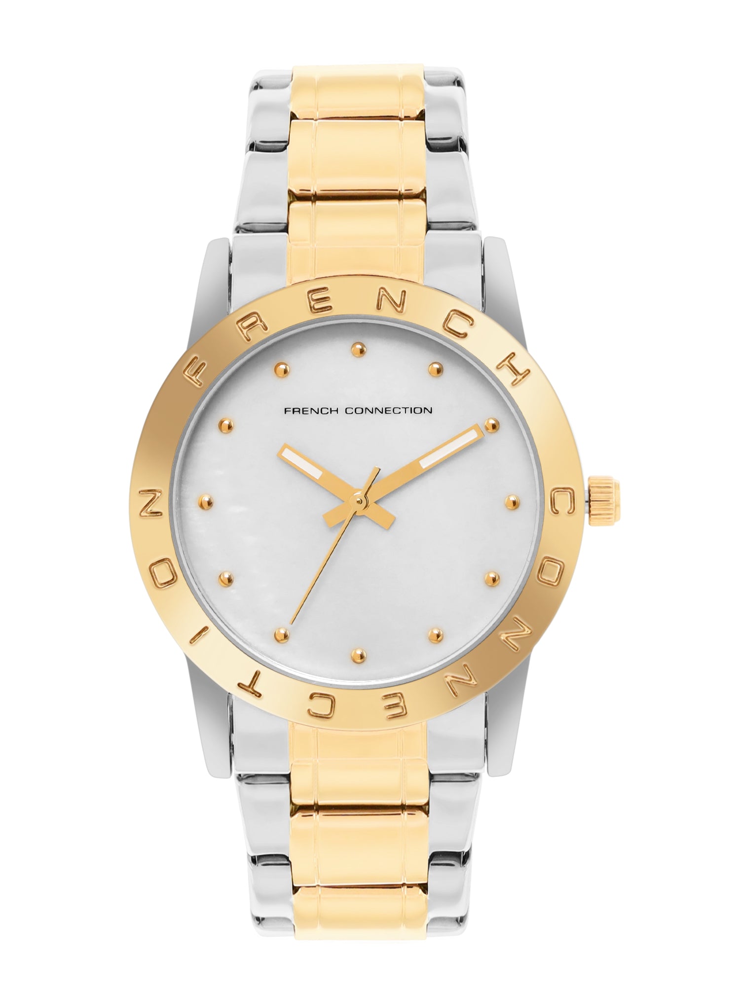French Connection Mop White Round Dial With Gold Two Tone Stainless Steel Strap Watch - For Womens FCU8TM