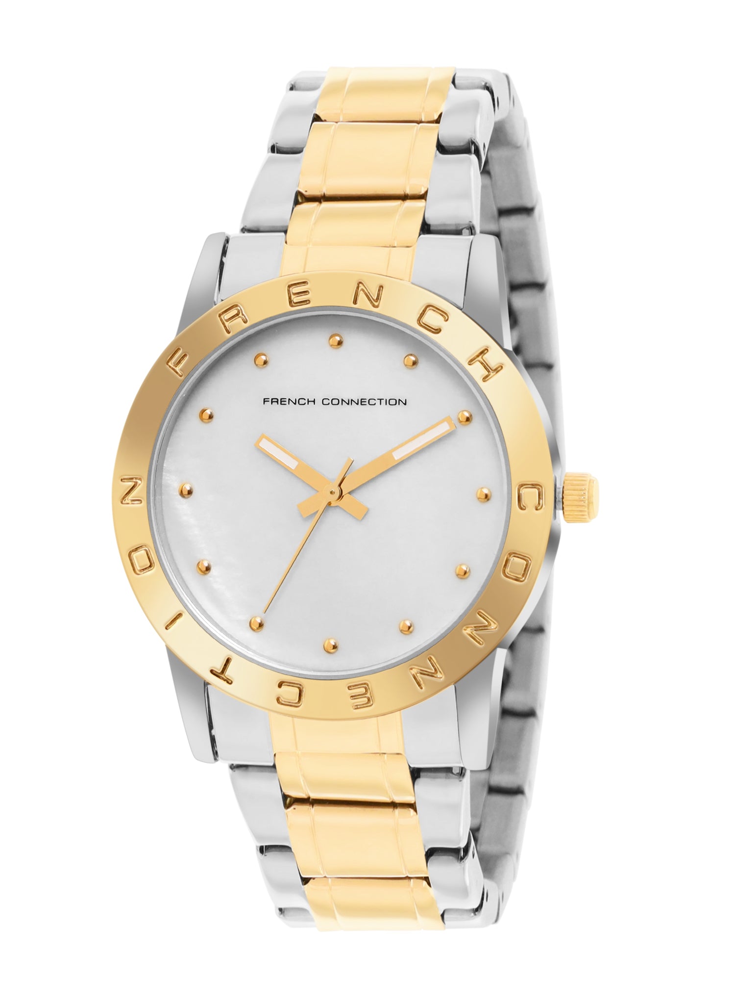French Connection Mop White Round Dial With Gold Two Tone Stainless Steel Strap Watch - For Womens FCU8TM