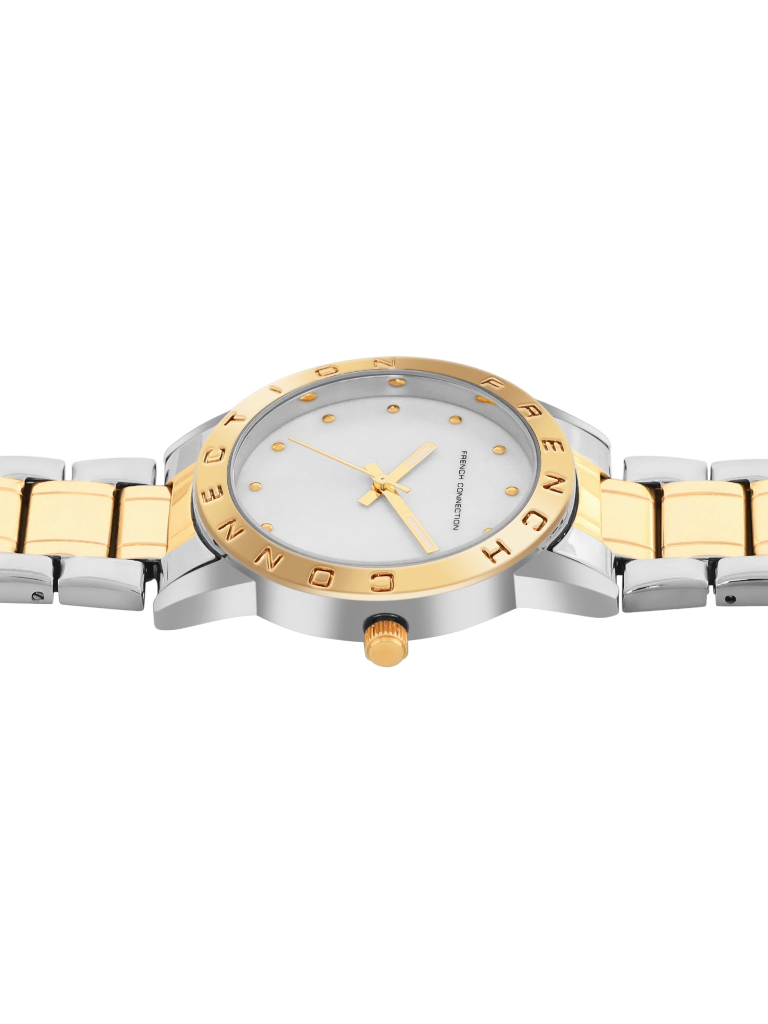 French Connection Mop White Round Dial With Gold Two Tone Stainless Steel Strap Watch - For Womens FCU8TM