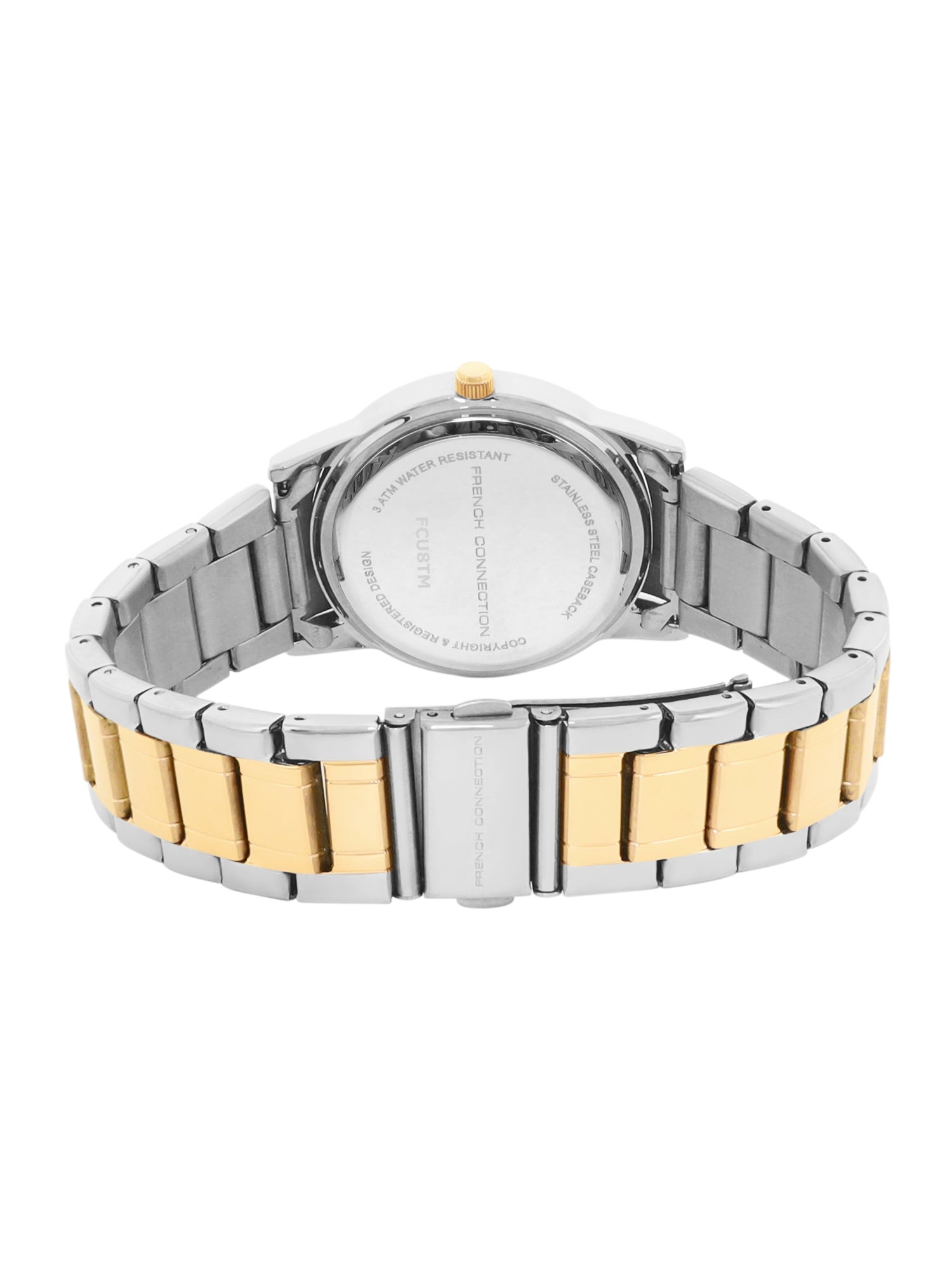French Connection Mop White Round Dial With Gold Two Tone Stainless Steel Strap Watch - For Womens FCU8TM