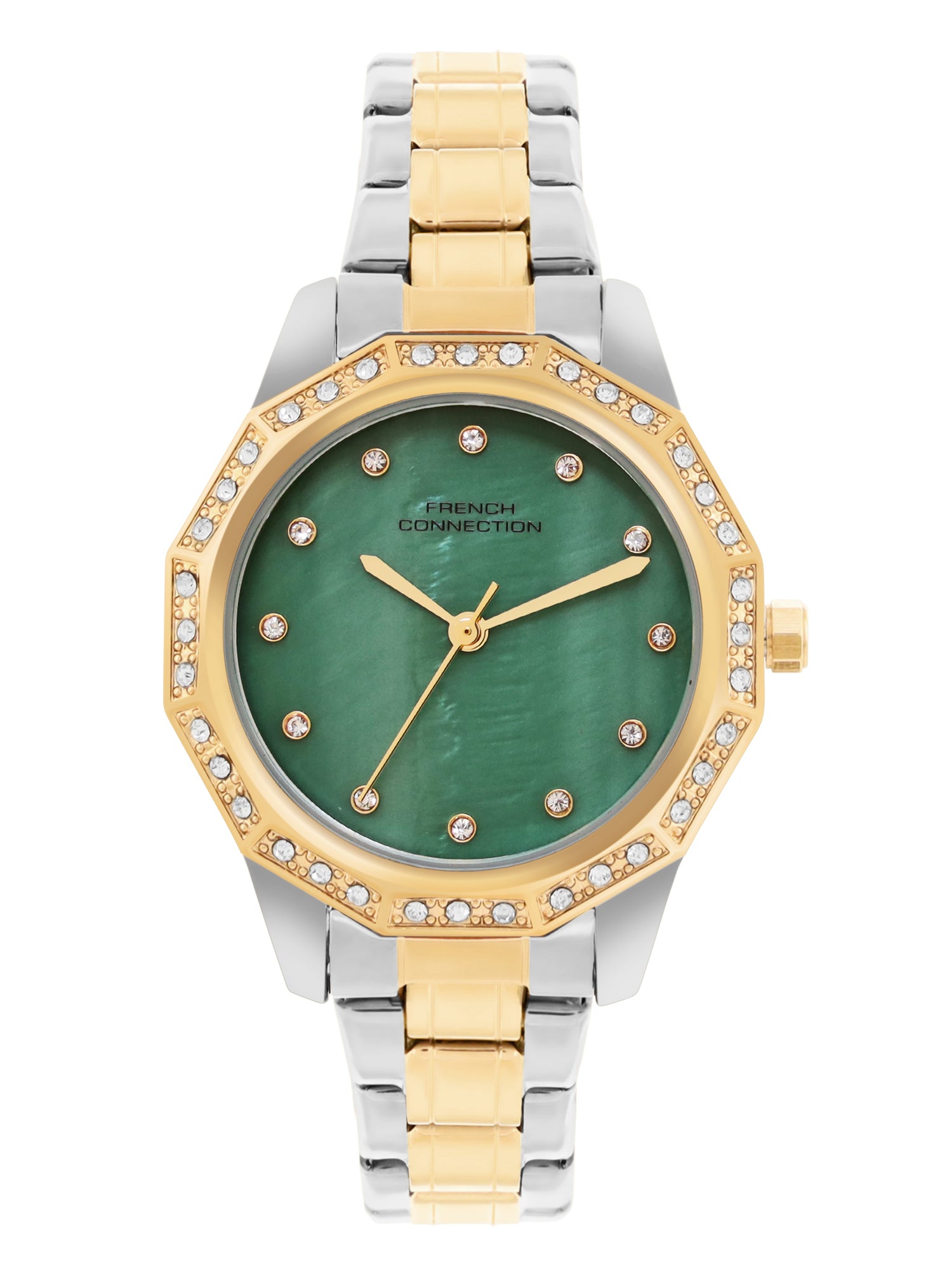 French Connection Mop Green Round Dial With Gold Two Tone Stainless Steel Strap Watch - For Womens FCU9NTM