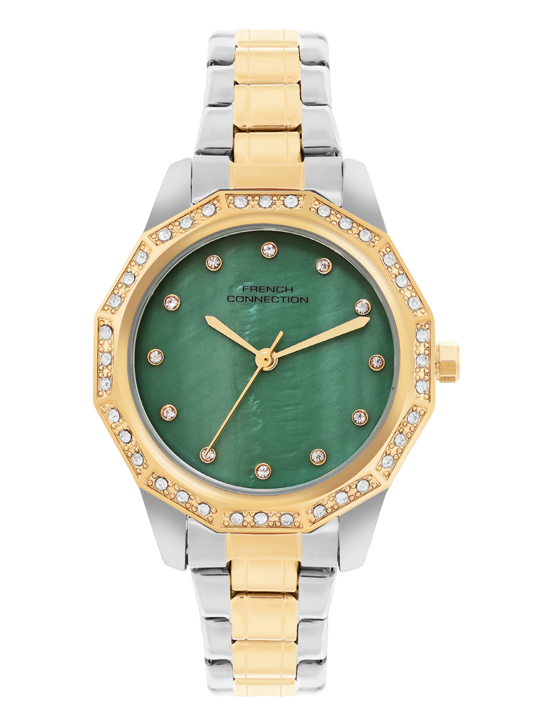 French Connection Mop Green Round Dial With Gold Two Tone Stainless Steel Strap Watch - For Womens FCU9NTM