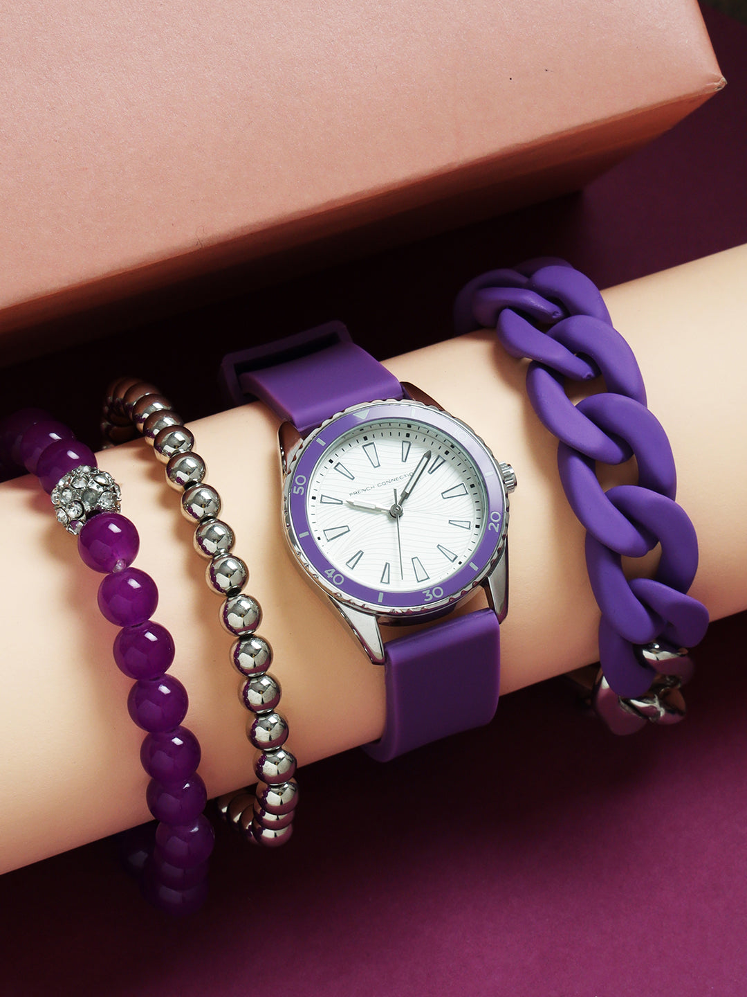 French Connection White Dial Analog Giftset for Women's - FCW13PRL