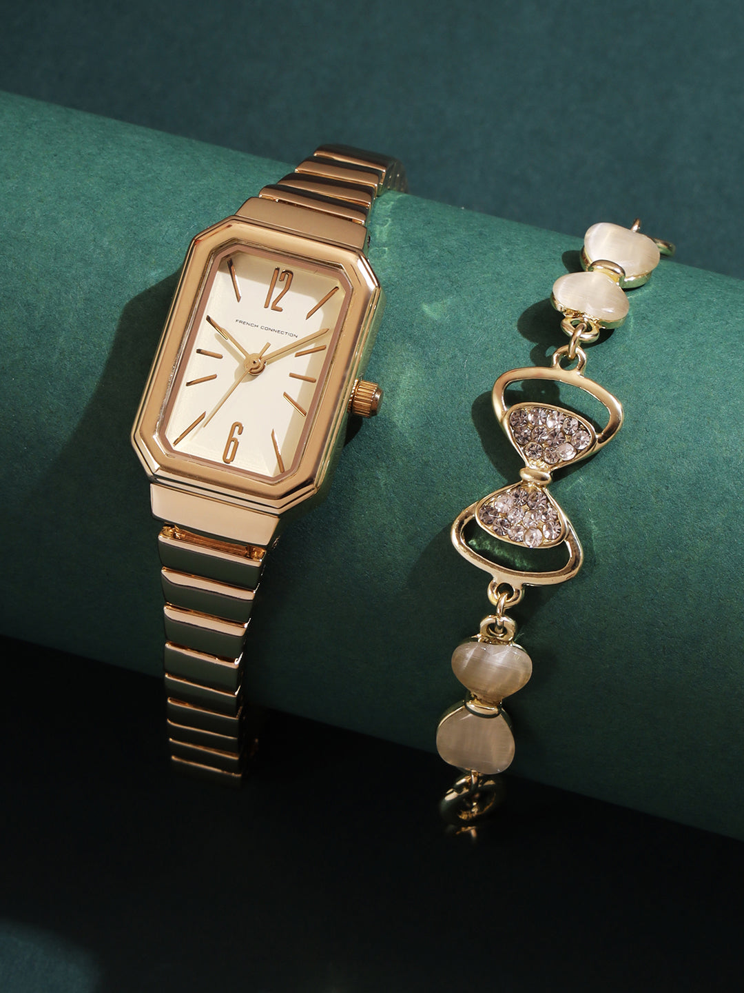 French Connection Simple Champagne Rectangle Dial With Gold Alloy Strap Watch - For Ladies Gift Set FCW18GM