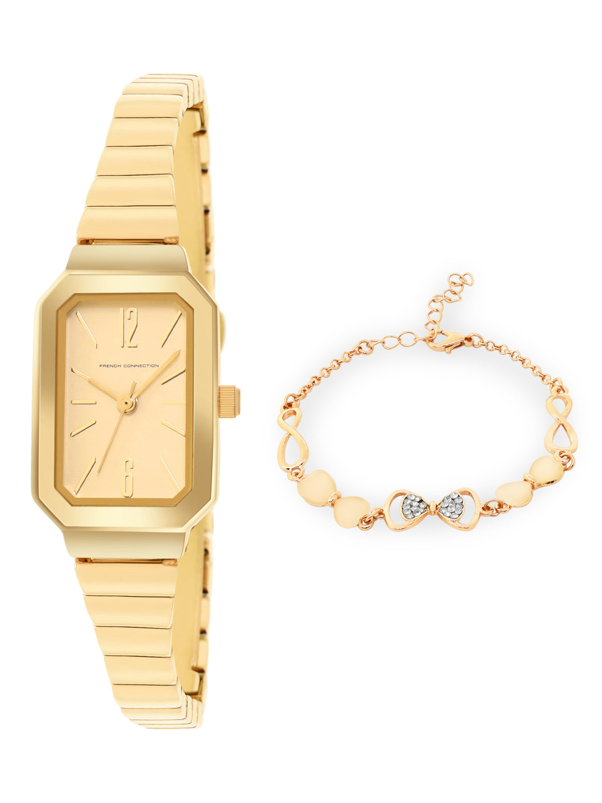 French Connection Simple Champagne Rectangle Dial With Gold Alloy Strap Watch - For Ladies Gift Set FCW18GM