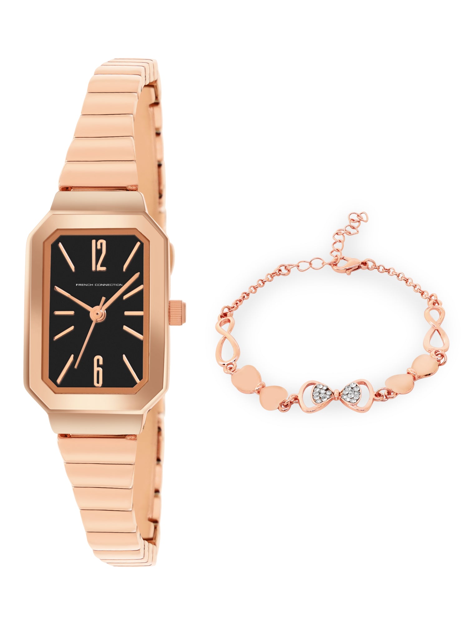 French Connection Simple Black Rectangle Dial With Rose Alloy Strap Watch - For Ladies Gift Set FCW18RGM-B