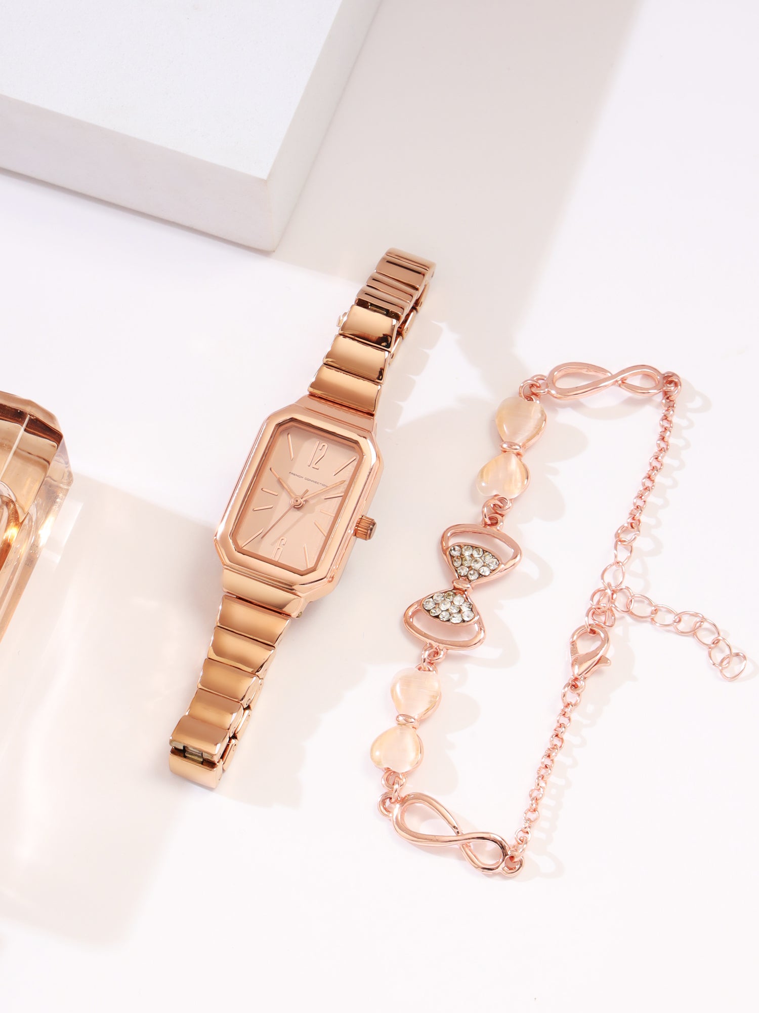 French Connection Simple Rosegold Rectangle Dial With Rose Alloy Strap Watch - For Ladies Gift Set FCW18RGM