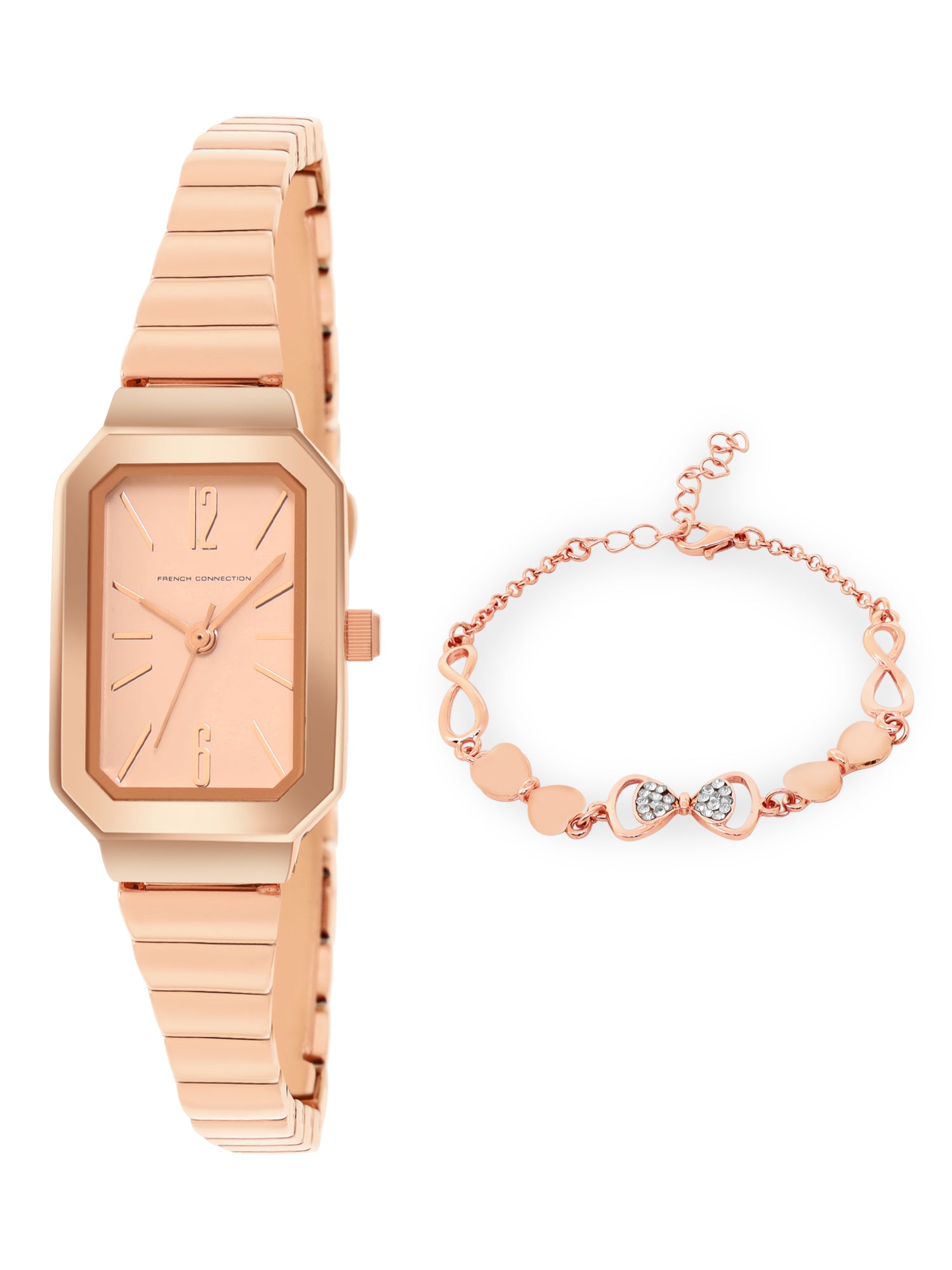 French Connection Simple Rosegold Rectangle Dial With Rose Alloy Strap Watch - For Ladies Gift Set FCW18RGM
