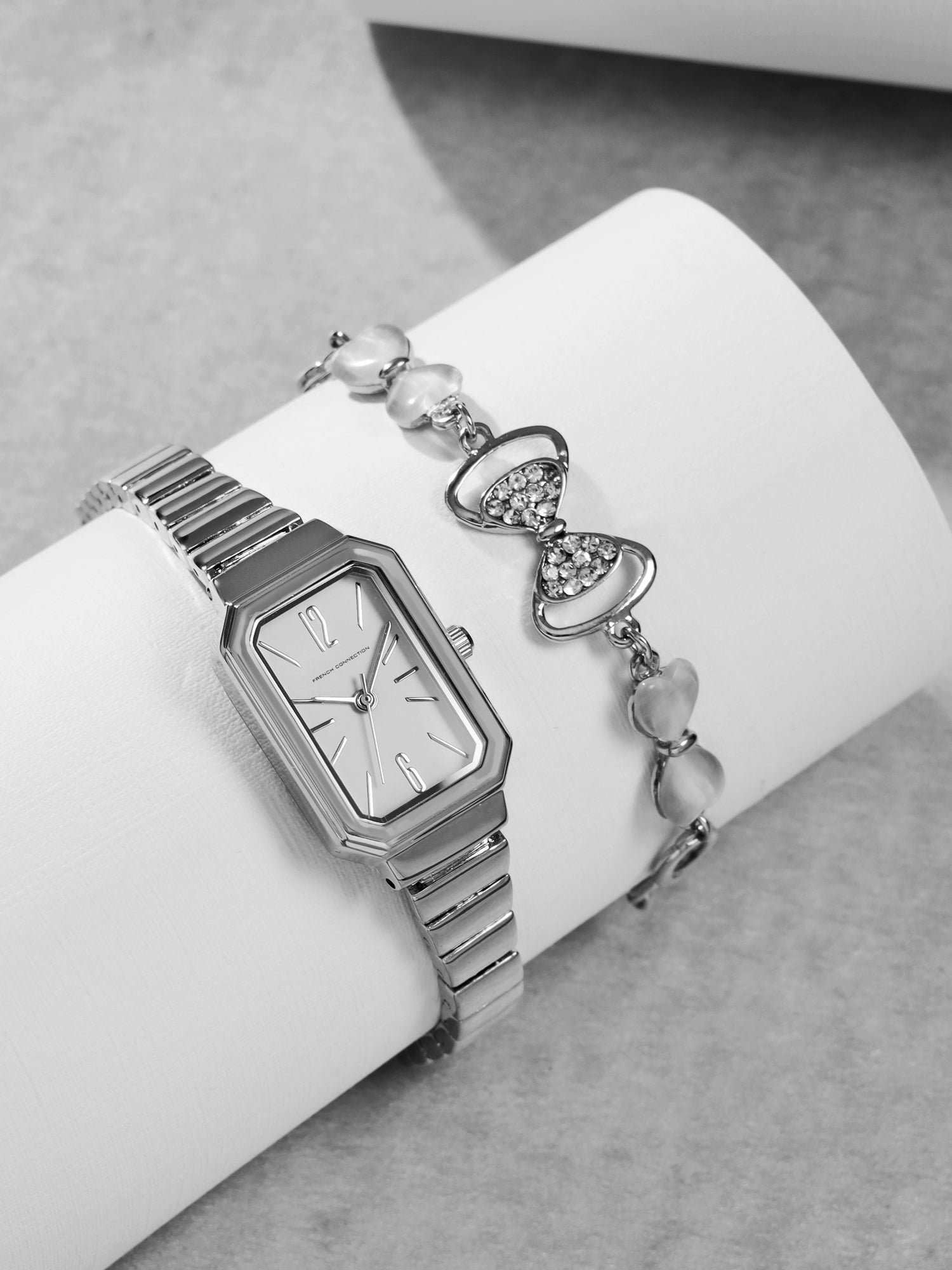 French Connection Simple White Rectangle Dial With Steel Alloy Strap Watch - For Ladies Gift Set FCW18SM