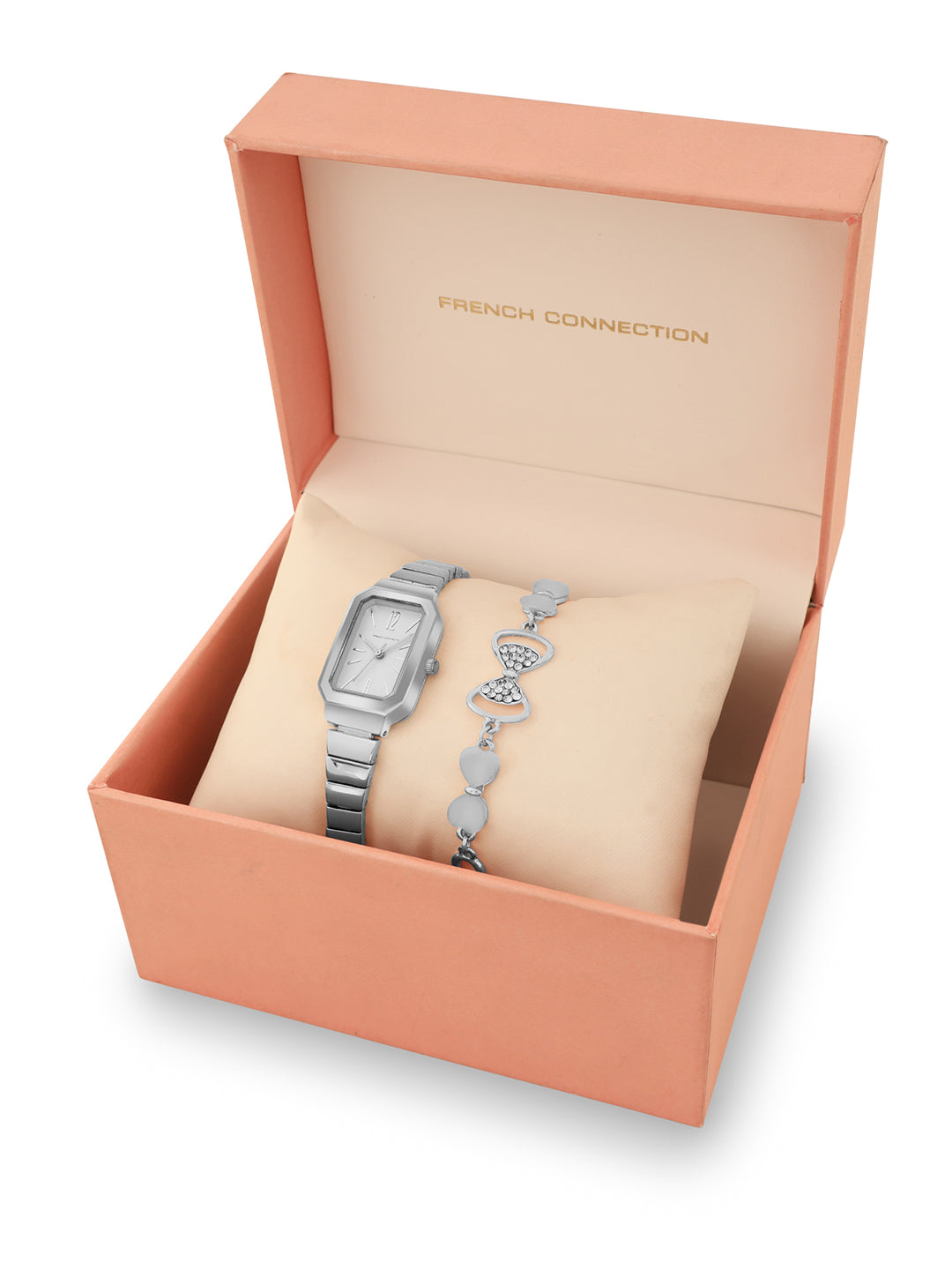 French Connection Simple White Rectangle Dial With  Steel Alloy Strap Watch - For Ladies Gift Set FCW18SM