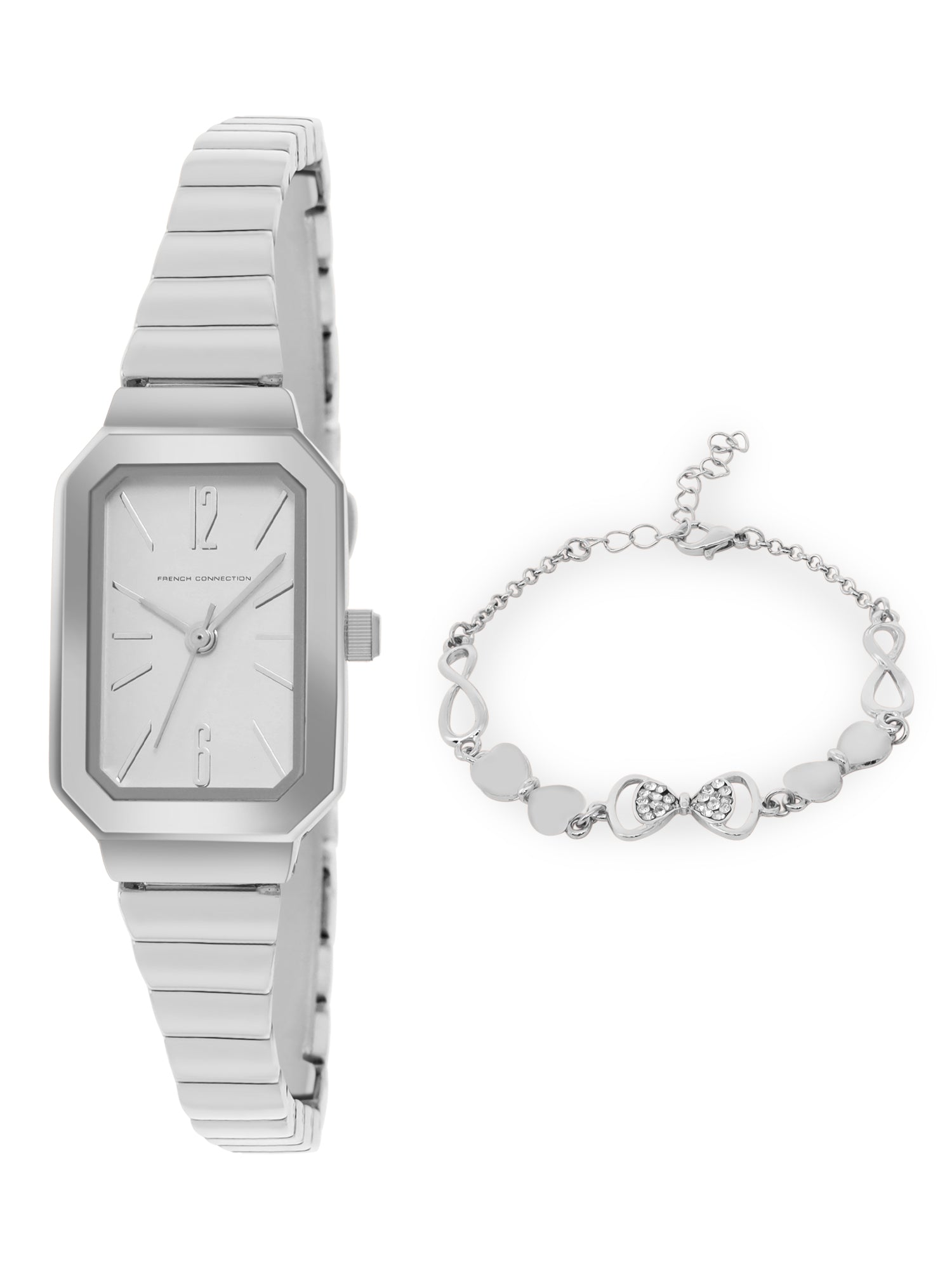 French Connection Simple White Rectangle Dial With Steel Alloy Strap Watch - For Ladies Gift Set FCW18SM