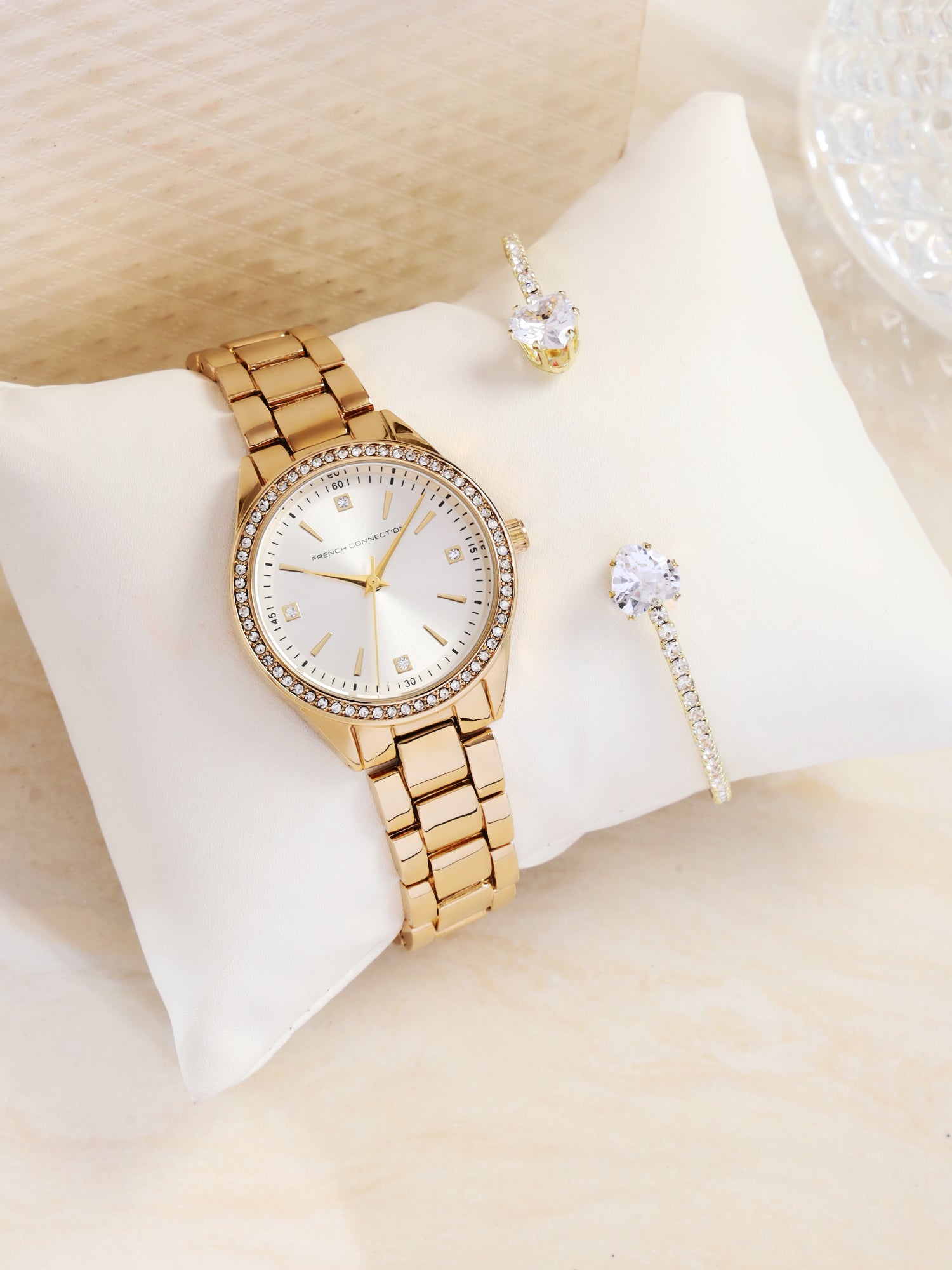 French Connection Sunray Champagne Round Dial With Gold Alloy Strap Watch - For Ladies Gift Set FCW19GM