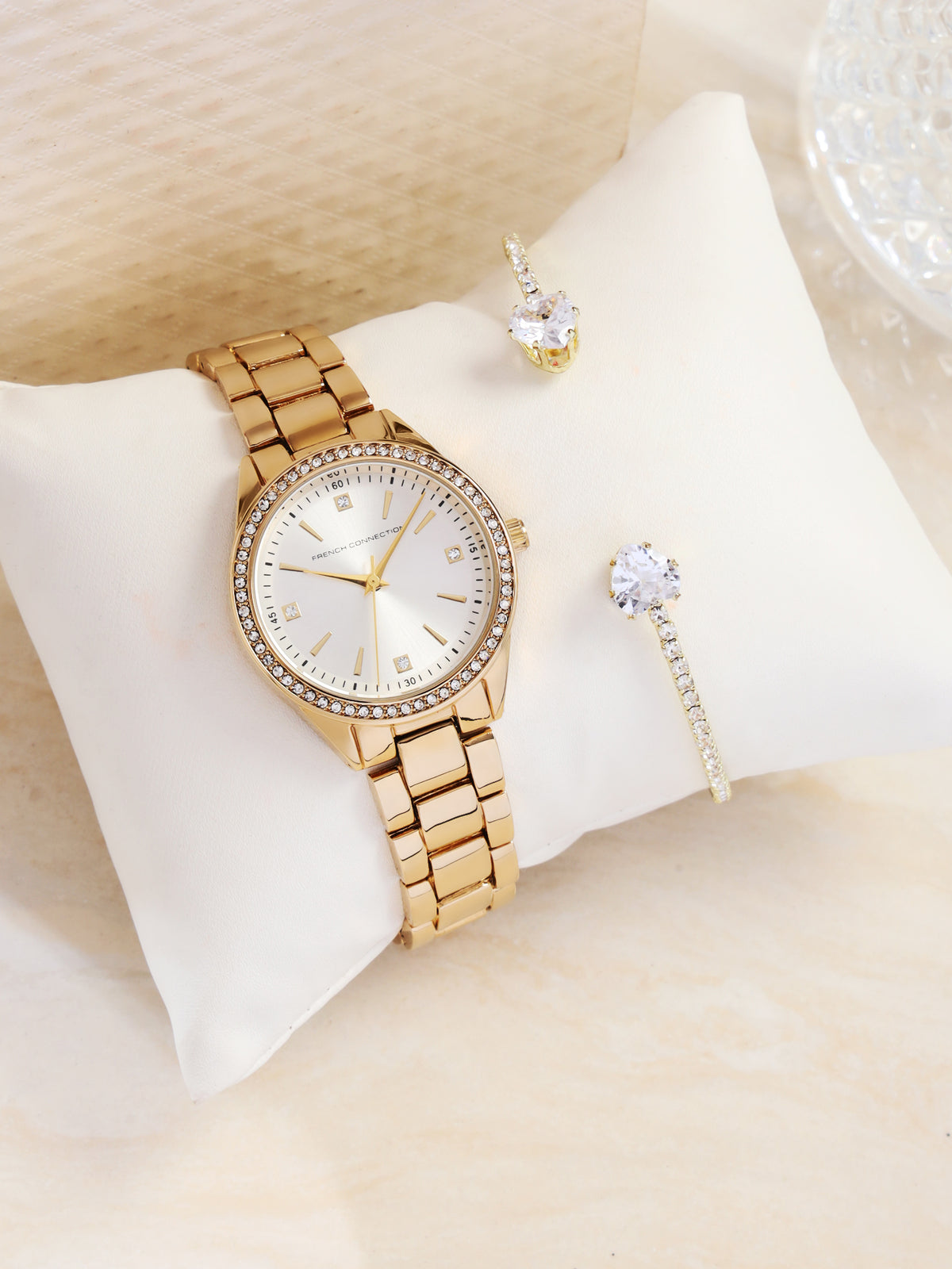 French Connection Sunray Champagne Round Dial With  Gold Alloy Strap Watch - For Ladies Gift Set FCW19GM