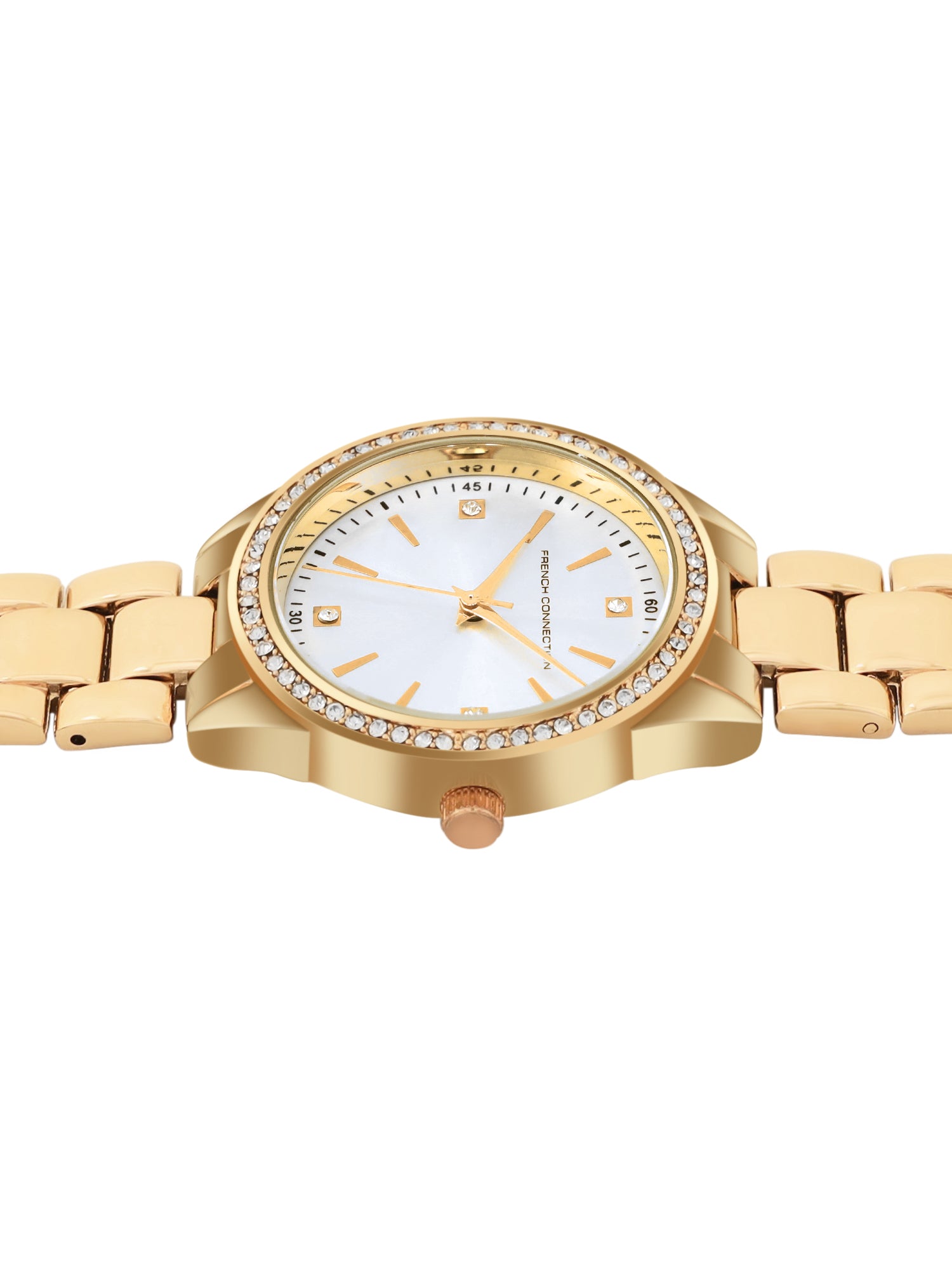 French Connection Sunray Champagne Round Dial With Gold Alloy Strap Watch - For Ladies Gift Set FCW19GM