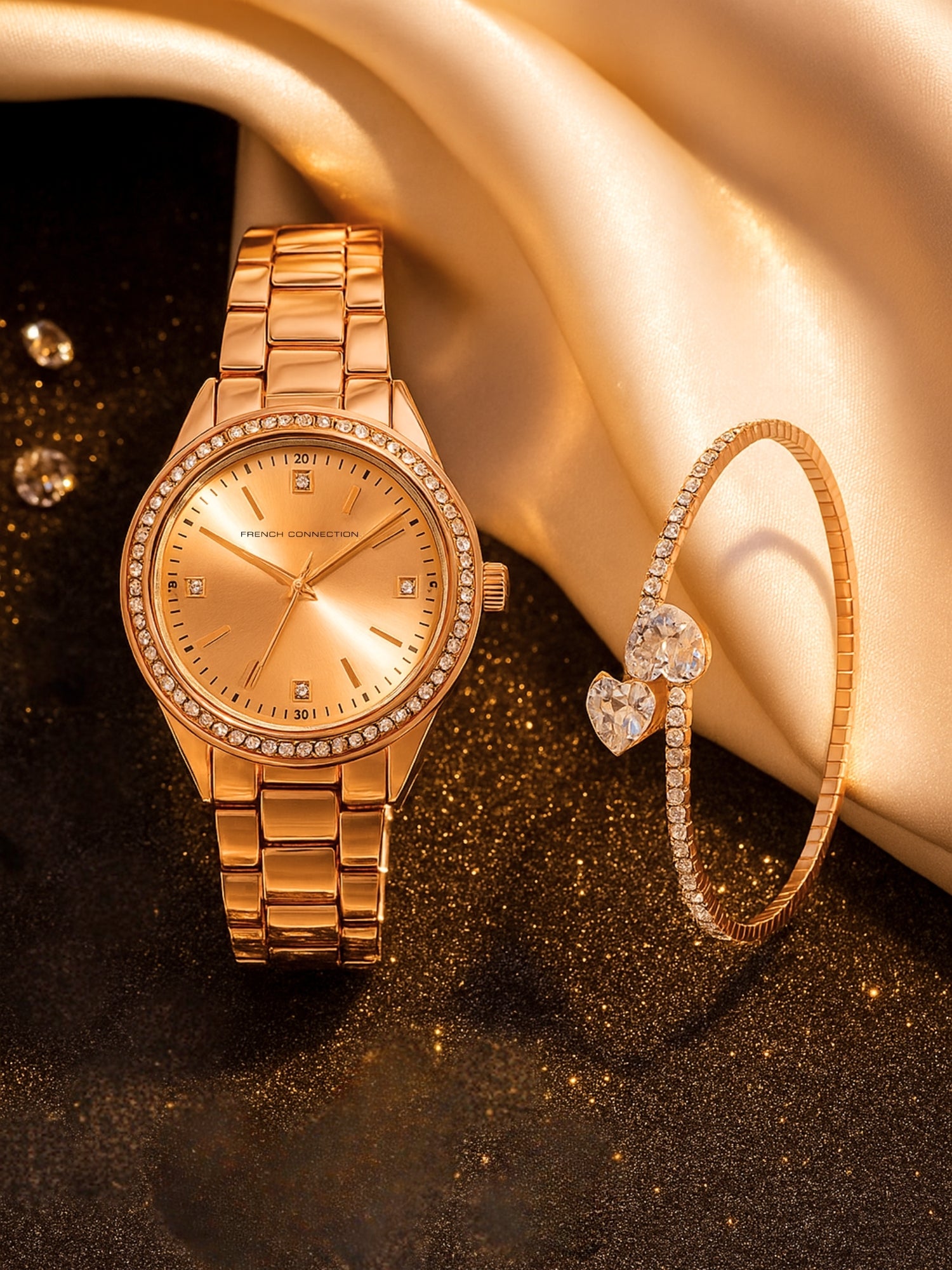 French Connection Sunray Silver Round Dial With Rose Alloy Strap Watch - For Ladies Gift Set FCW19RGM