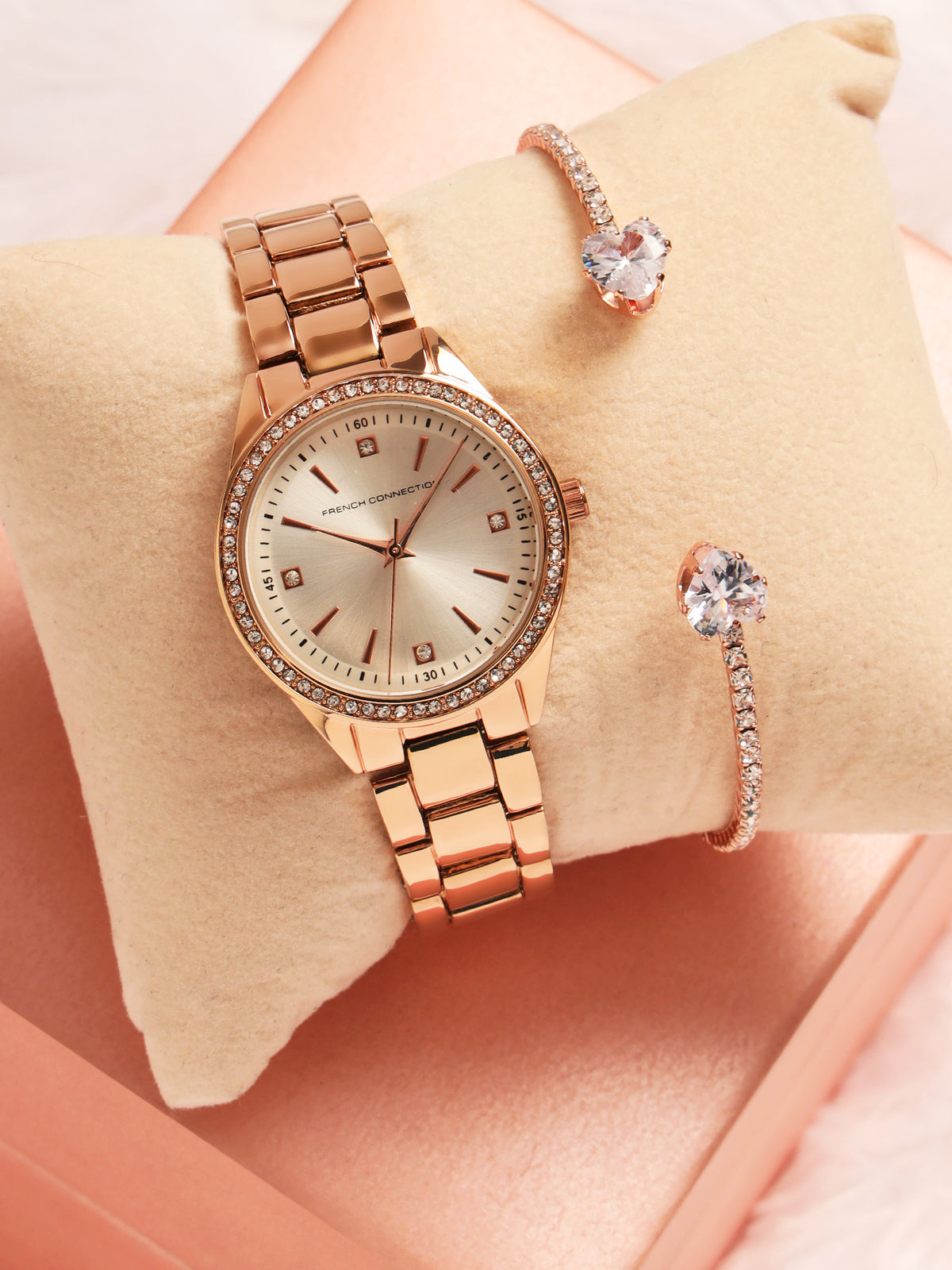 French Connection Sunray Silver Round Dial With Rose Alloy Strap Watch - For Ladies Gift Set FCW19RGM