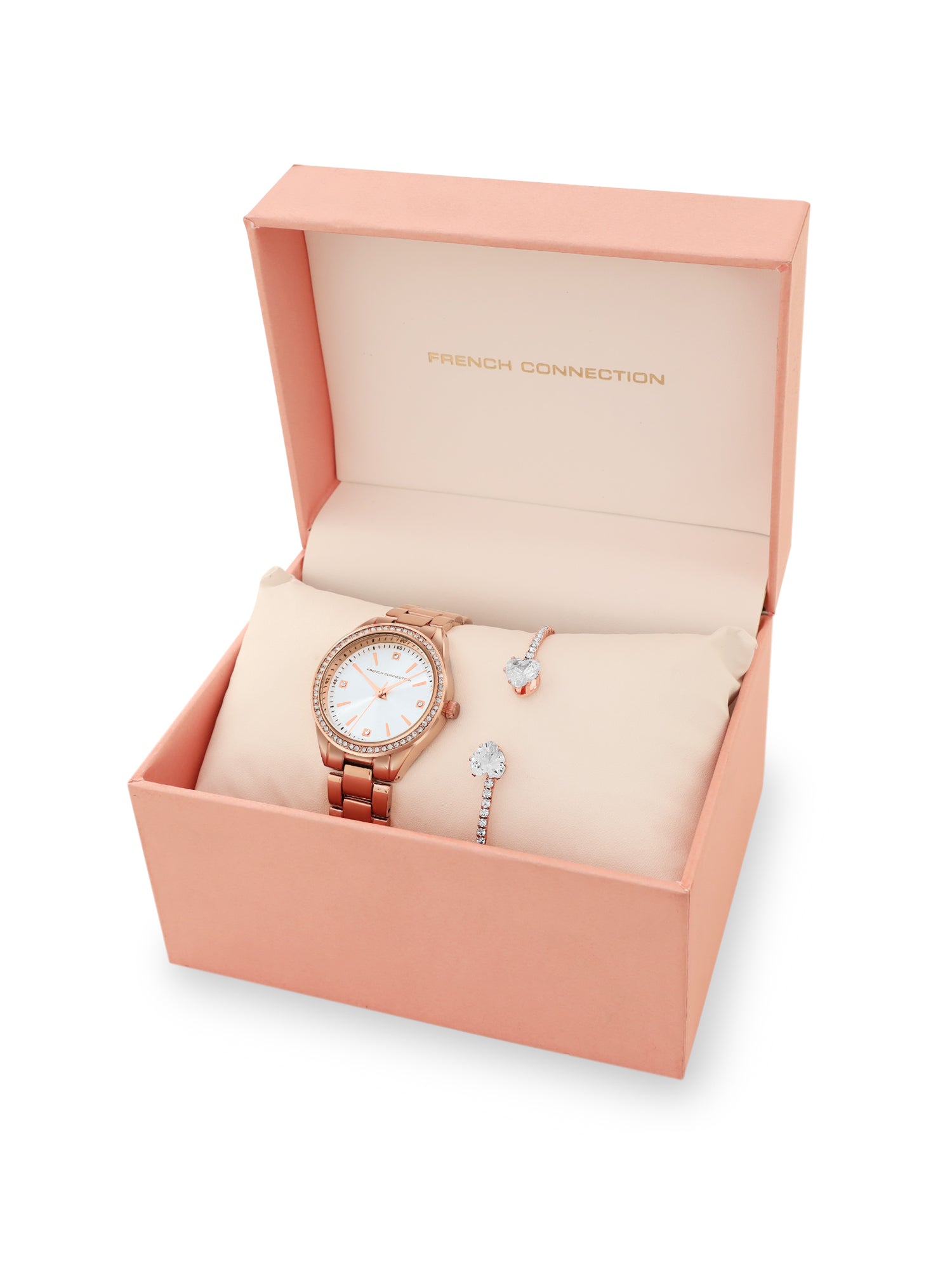 French Connection Sunray Silver Round Dial With Rose Alloy Strap Watch - For Ladies Gift Set FCW19RGM