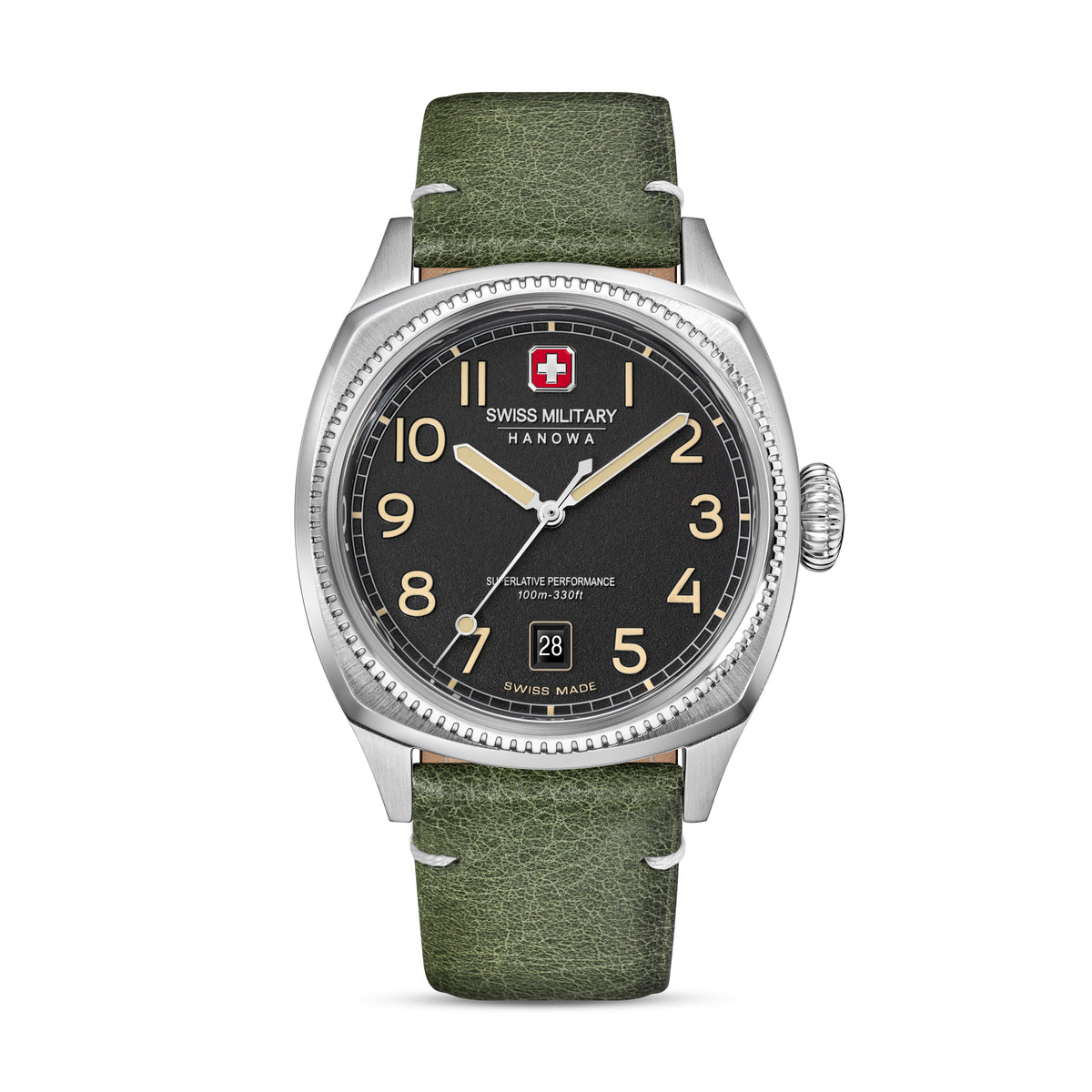 SMWGB0003703 Swiss Made Mens Watch with Black Dial & Olive Genuine Leather Pro Strap
