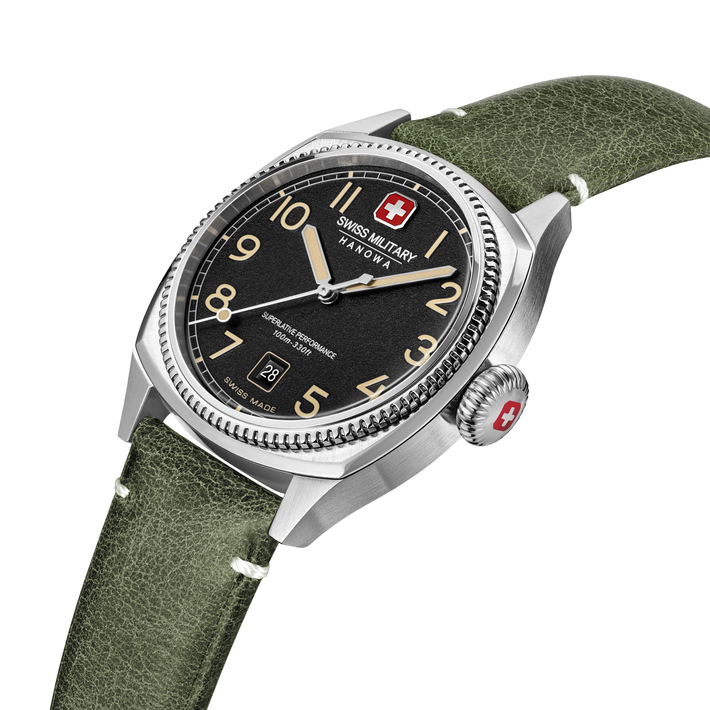SMWGB0003703 Swiss Made Mens Watch with Black Dial & Olive Genuine Leather Pro Strap