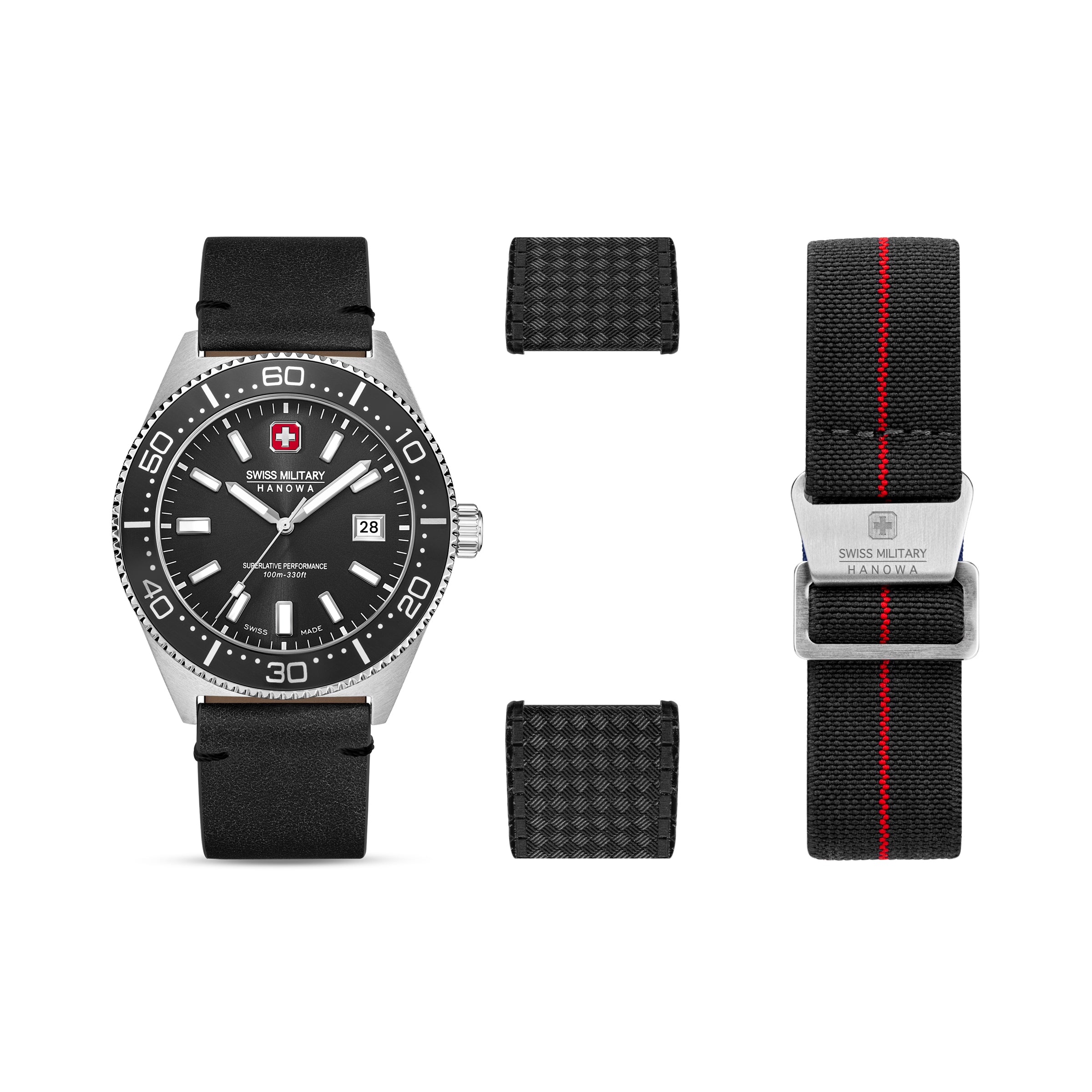 SMWGB0004901-SET Swiss Made Men's Watch with Black Dial & Black Genuine Leather Strap