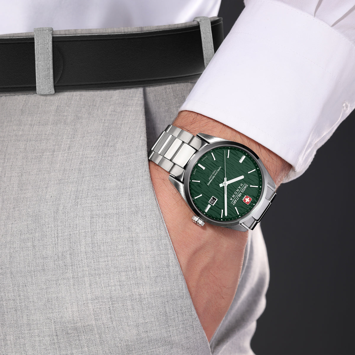 SMWGH0006101 Swiss Made Men's Watch with Green Dial & Silver Stainless Steel Bracelet