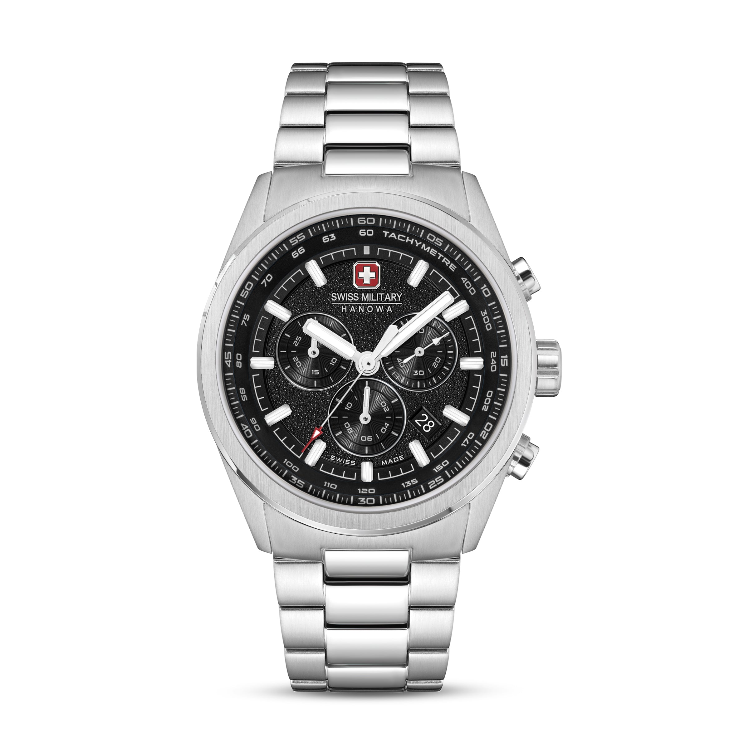 SMWGI0004204 Swiss Made Men's Chronograph Watch with Black Dial & Silver Stainless Steel Bracelet