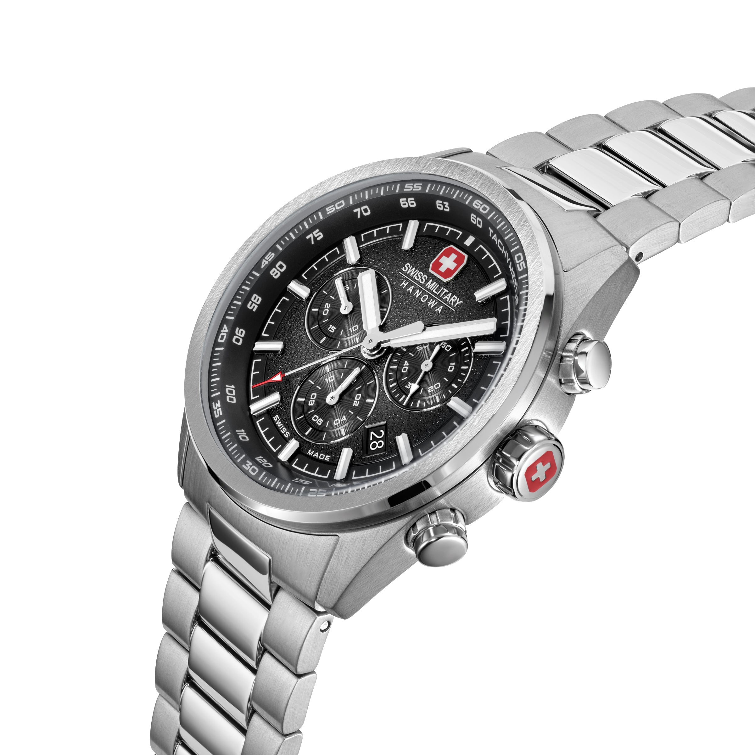 SMWGI0004204 Swiss Made Men's Chronograph Watch with Black Dial & Silver Stainless Steel Bracelet