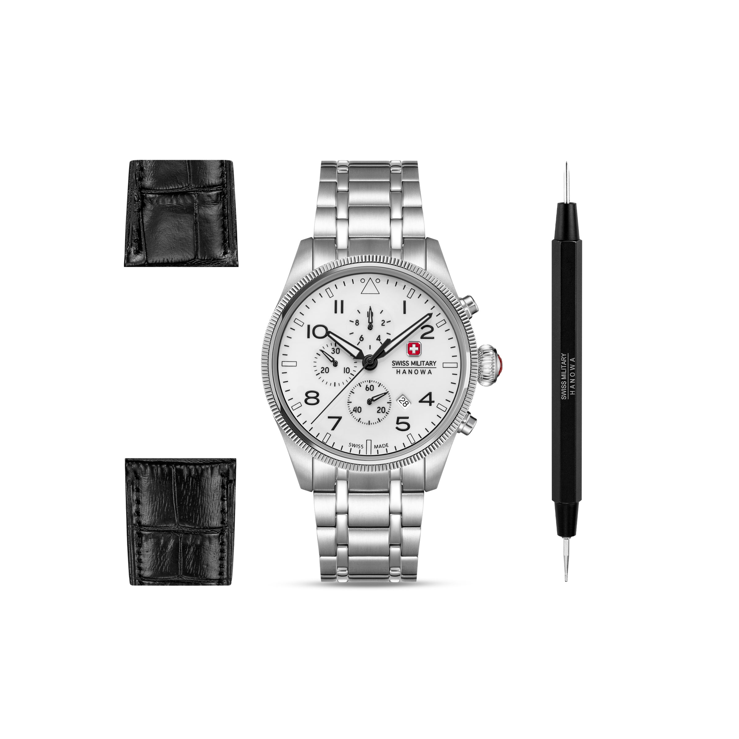 SMWGI0005701-SET Swiss Made Men's Chronograph Watch with White Dial & Silver Stainless Steel Bracelet