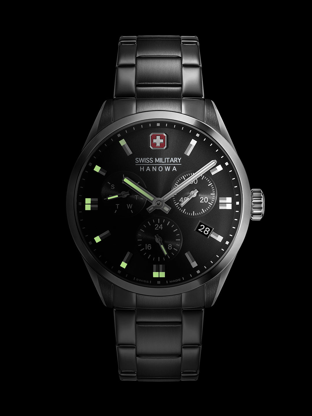 SMWGK0005601 Swiss Made Men's Multifunction Watch with Black Dial & Silver Stainless Steel Bracelet