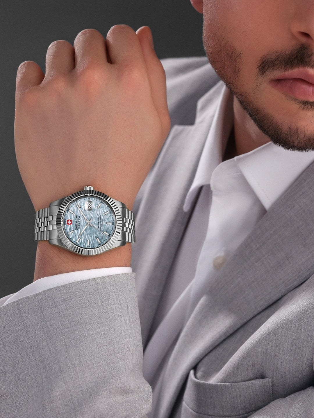 Swiss Military Hanowa Master Diligenter Ice Blue Round Dial Automatic Swiss Made Watch For Mens-SMWGL0005405