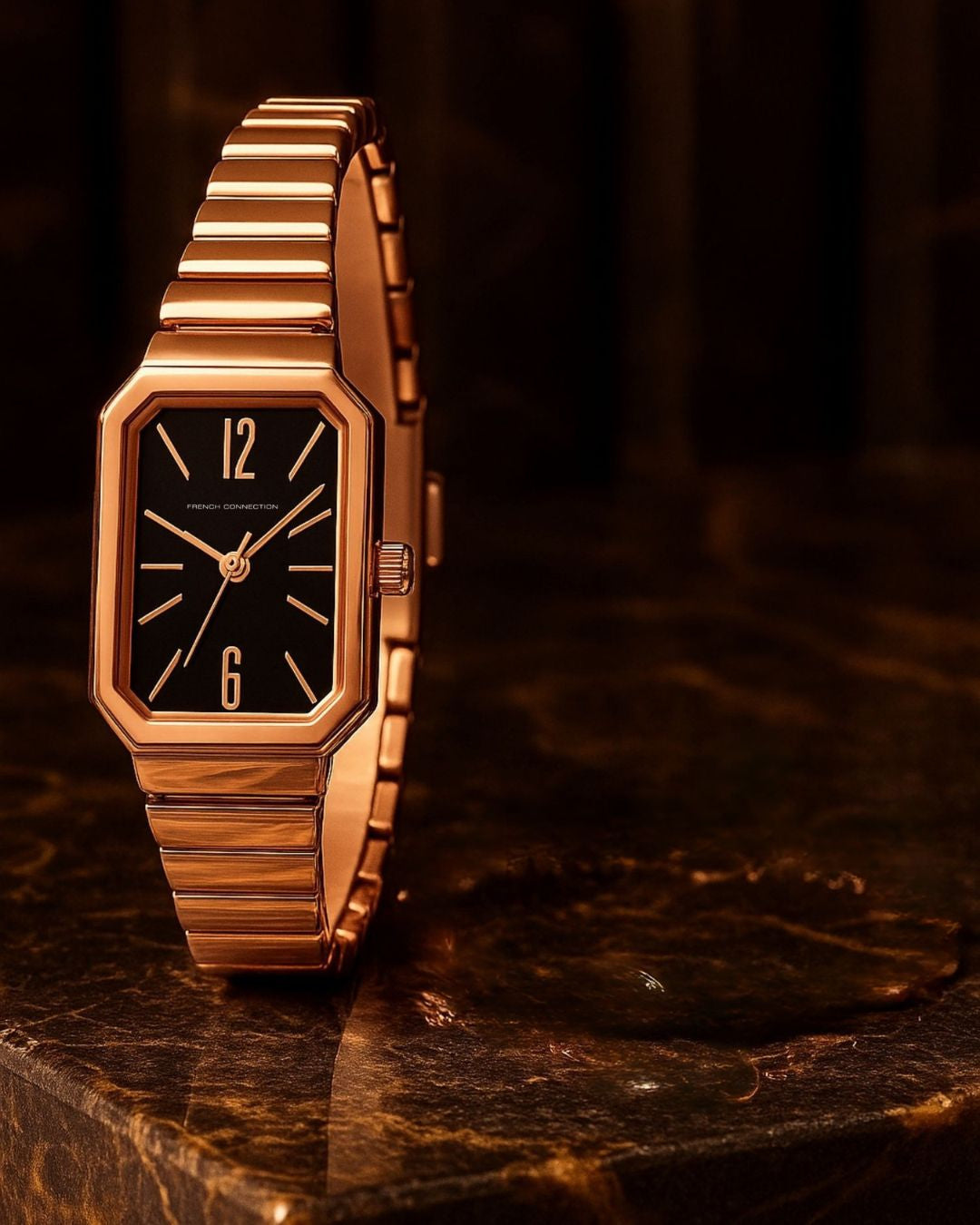 French Connection Simple Black Rectangle Dial With Rose Alloy Strap Watch - For Womens FCW20RGM-B