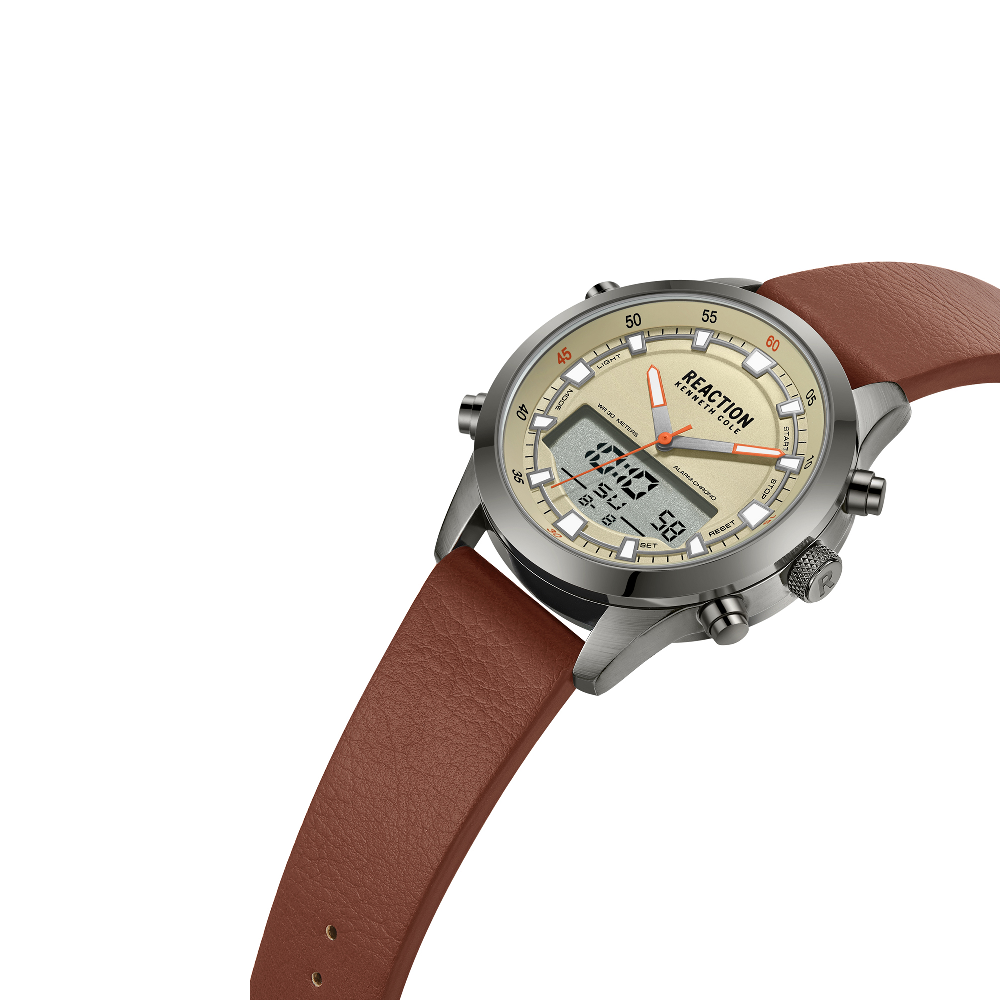 Kenneth Cole Reaction ANA-DIGIT Grey Brown Synthetic Leather Strap Casual Watch for Men's - KRWGD9005301