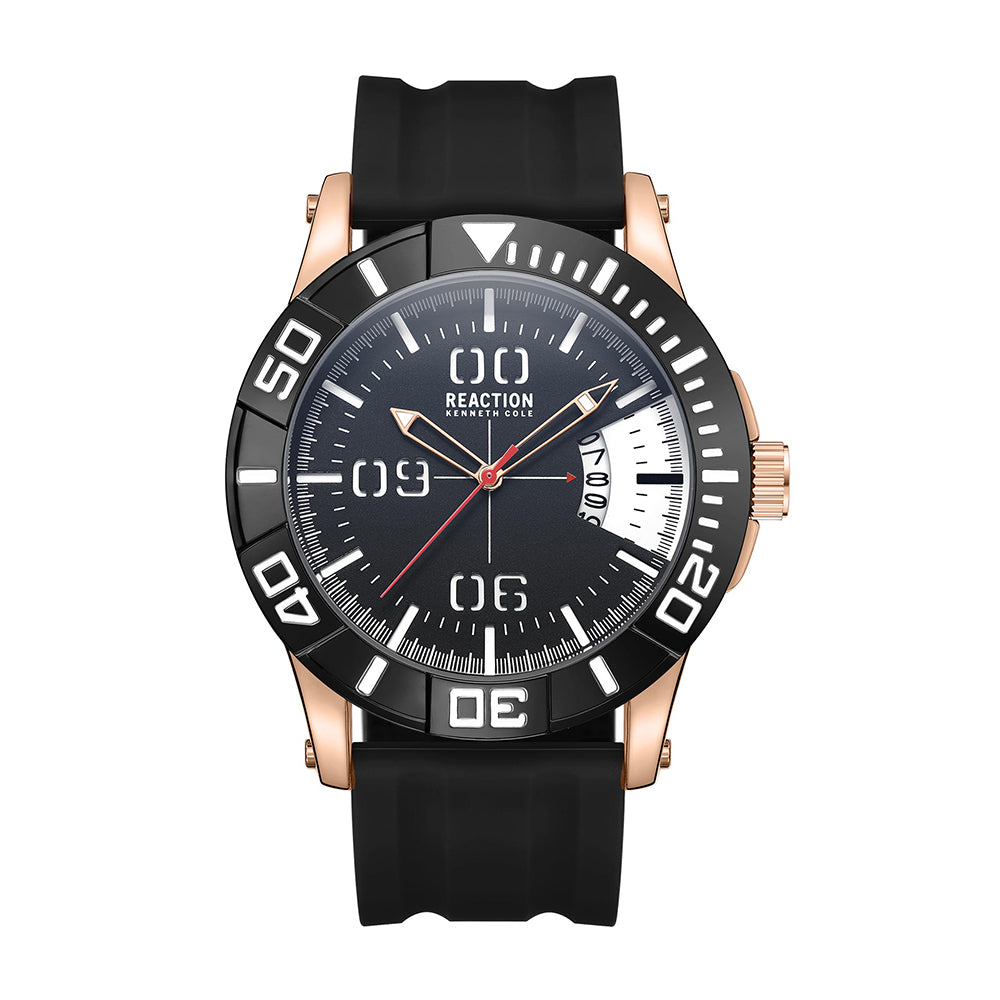 Kenneth Cole Reaction 3 Hands With Date Black Dial Black Silicon Strap Sports Wear Watch for Men's - KRWGN9007205