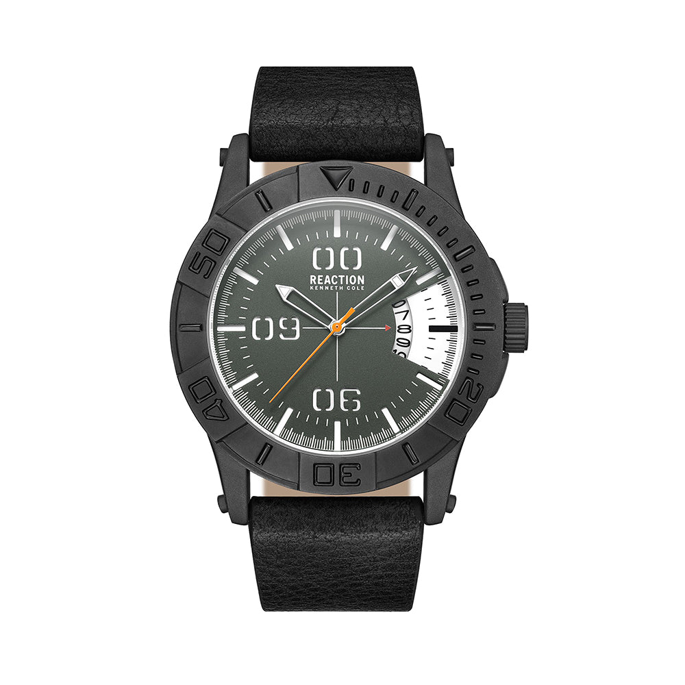 Kenneth Cole Reaction 3 Hands With Date Green Black Synthetic Leather Strap Sports Wear Watch for Men's - KRWGB9007202