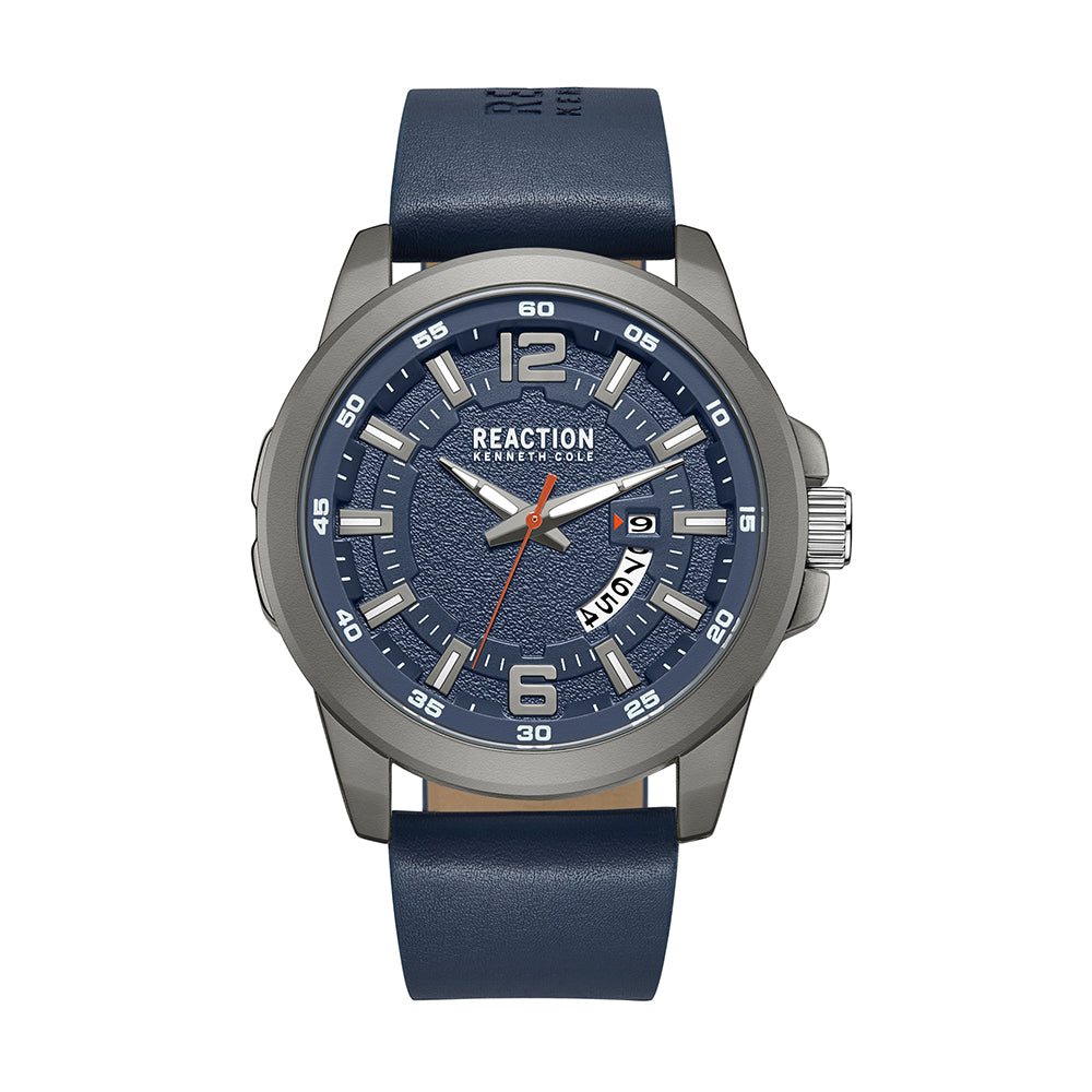 Kenneth Cole Reaction 3 Hands With Date Blue Dial Blue Synthetic Leather Strap Casual Watch for Men's - KRWGB9006101