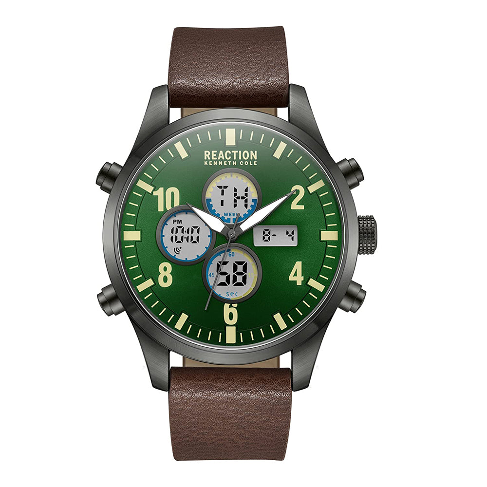 Kenneth Cole Reaction ANA-DIGIT Green Brown Synthetic Leather Strap Casual Watch for Men's - KRWGD2191806