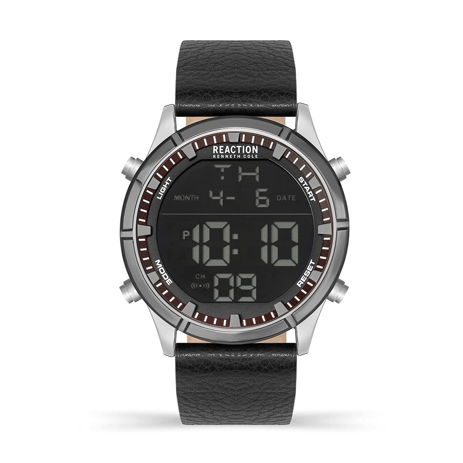 Kenneth Cole Reaction Analog Digital Men Black Leather Strap Chrome KR