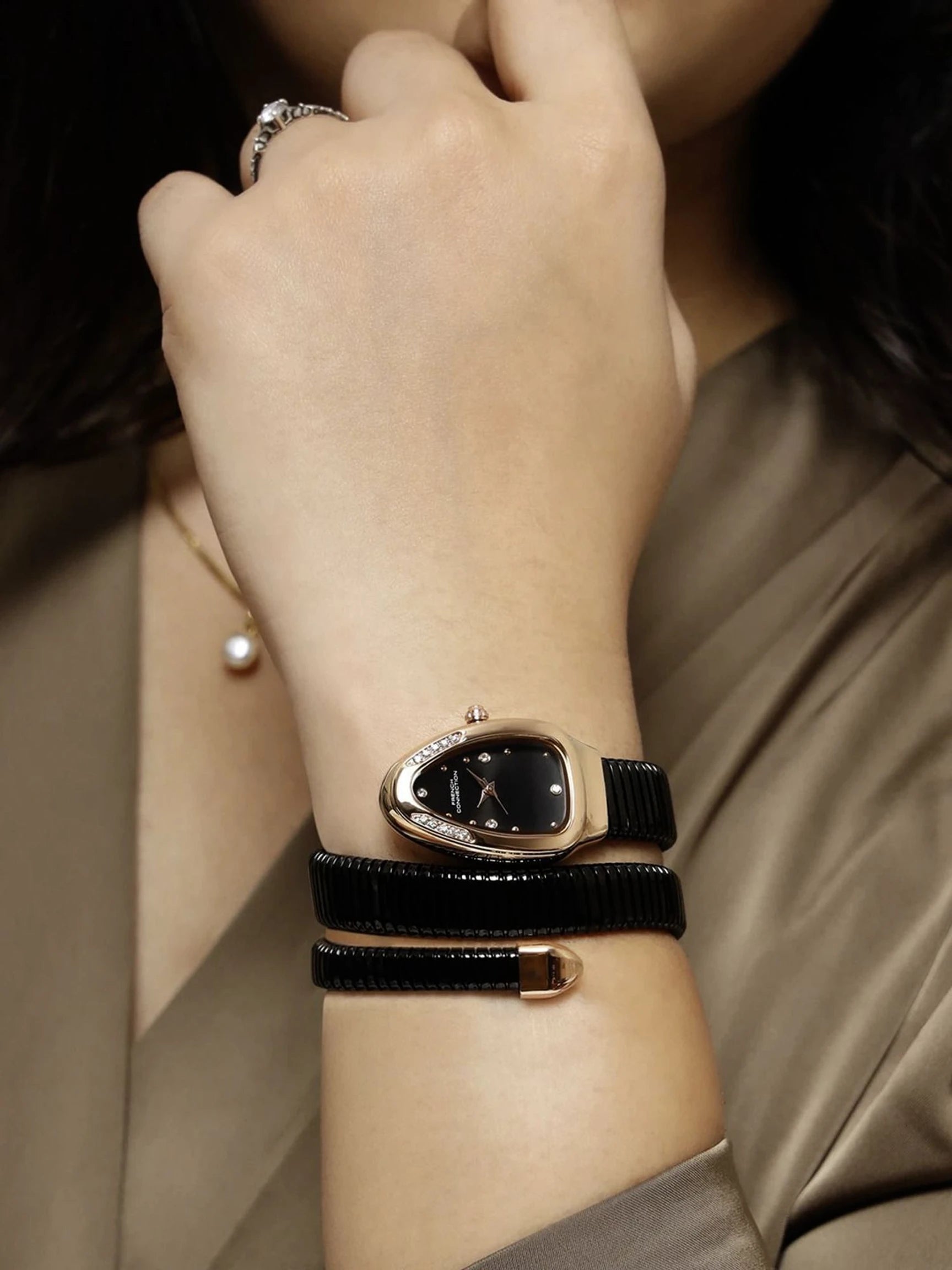 French Connection The Mystic Curve Women's Black Watch | Rhinestones Black Sunray Dial Analog Watch – For Women FCN0110BM
