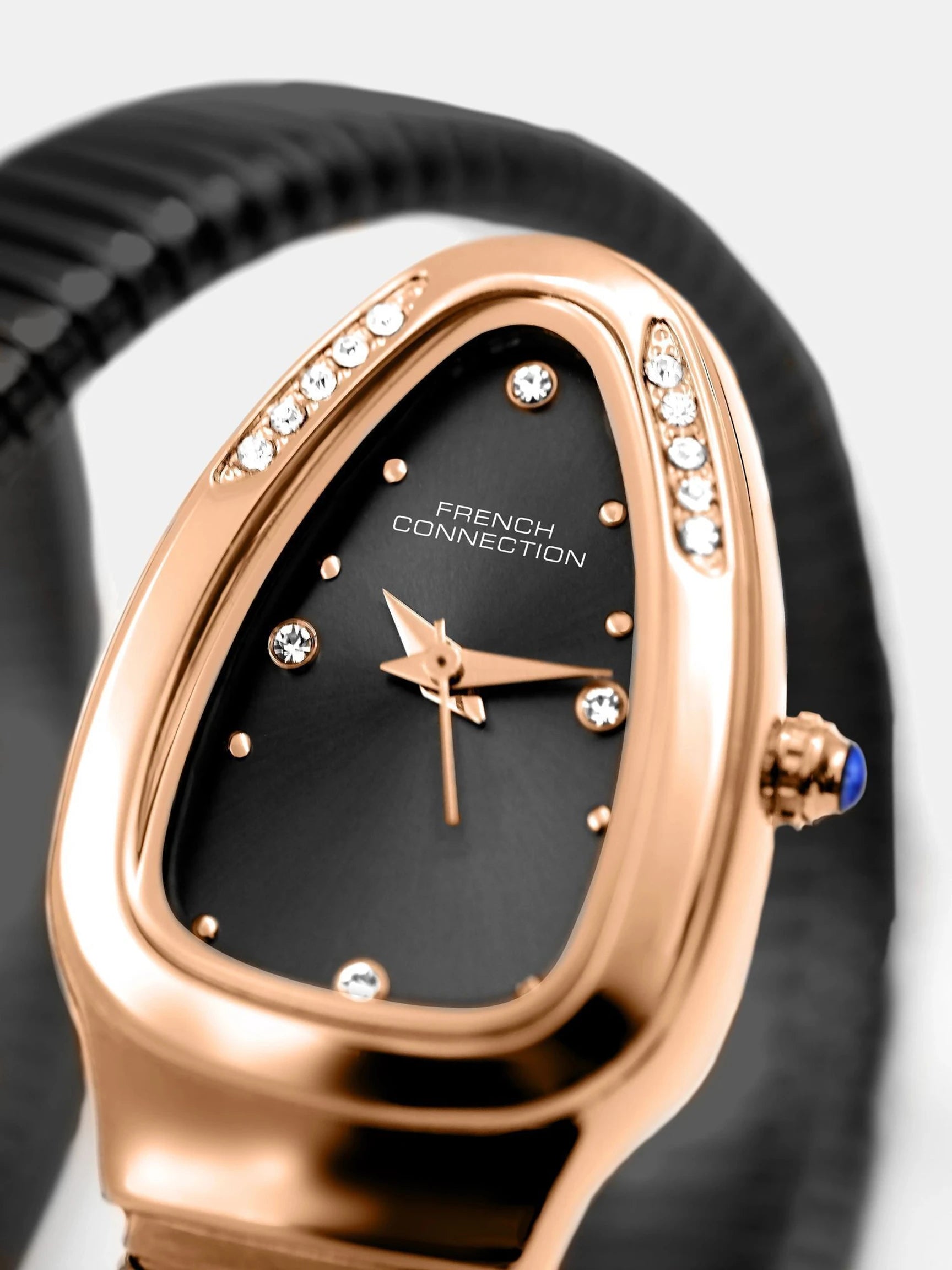 French Connection The Mystic Curve Women's Black Watch | Rhinestones Black Sunray Dial Analog Watch – For Women FCN0110BM
