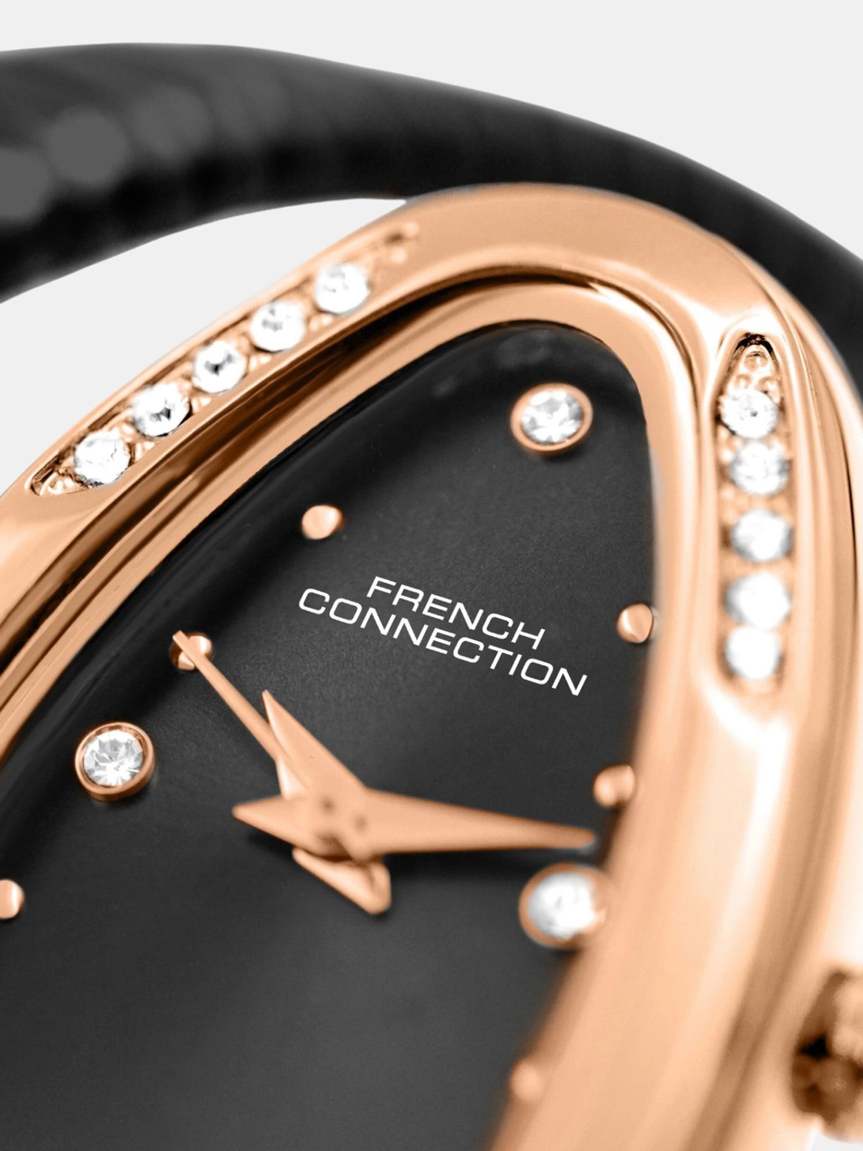 French Connection The Mystic Curve Women's Black Watch | Rhinestones Black Sunray Dial Analog Watch – For Women FCN0110BM