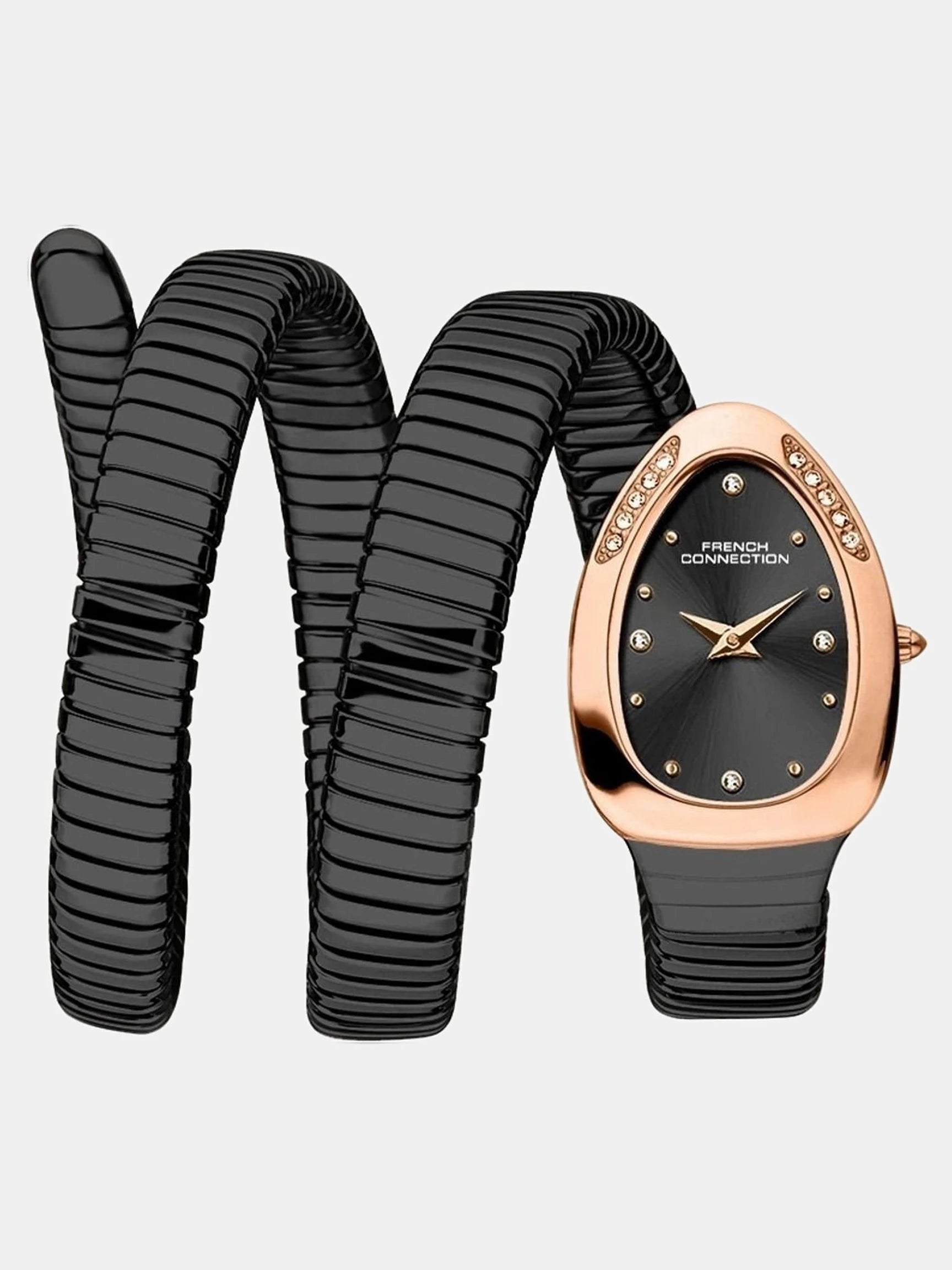 French Connection The Mystic Curve Women's Black Watch | Rhinestones Black Sunray Dial Analog Watch – For Women FCN0110BM