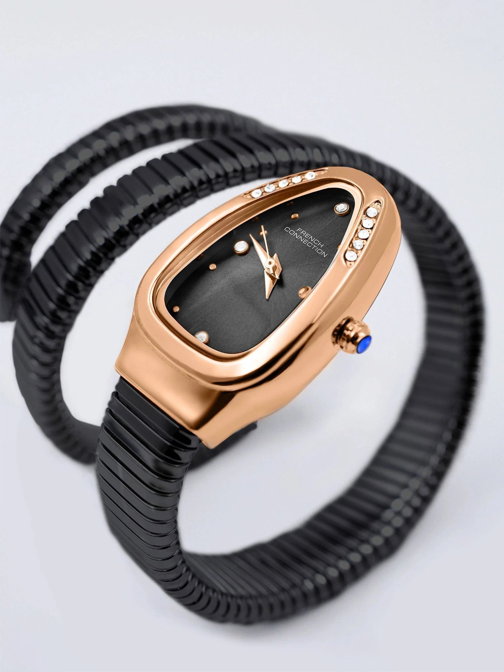 French Connection The Mystic Curve Women's Black Watch | Rhinestones Black Sunray Dial Analog Watch – For Women FCN0110BM