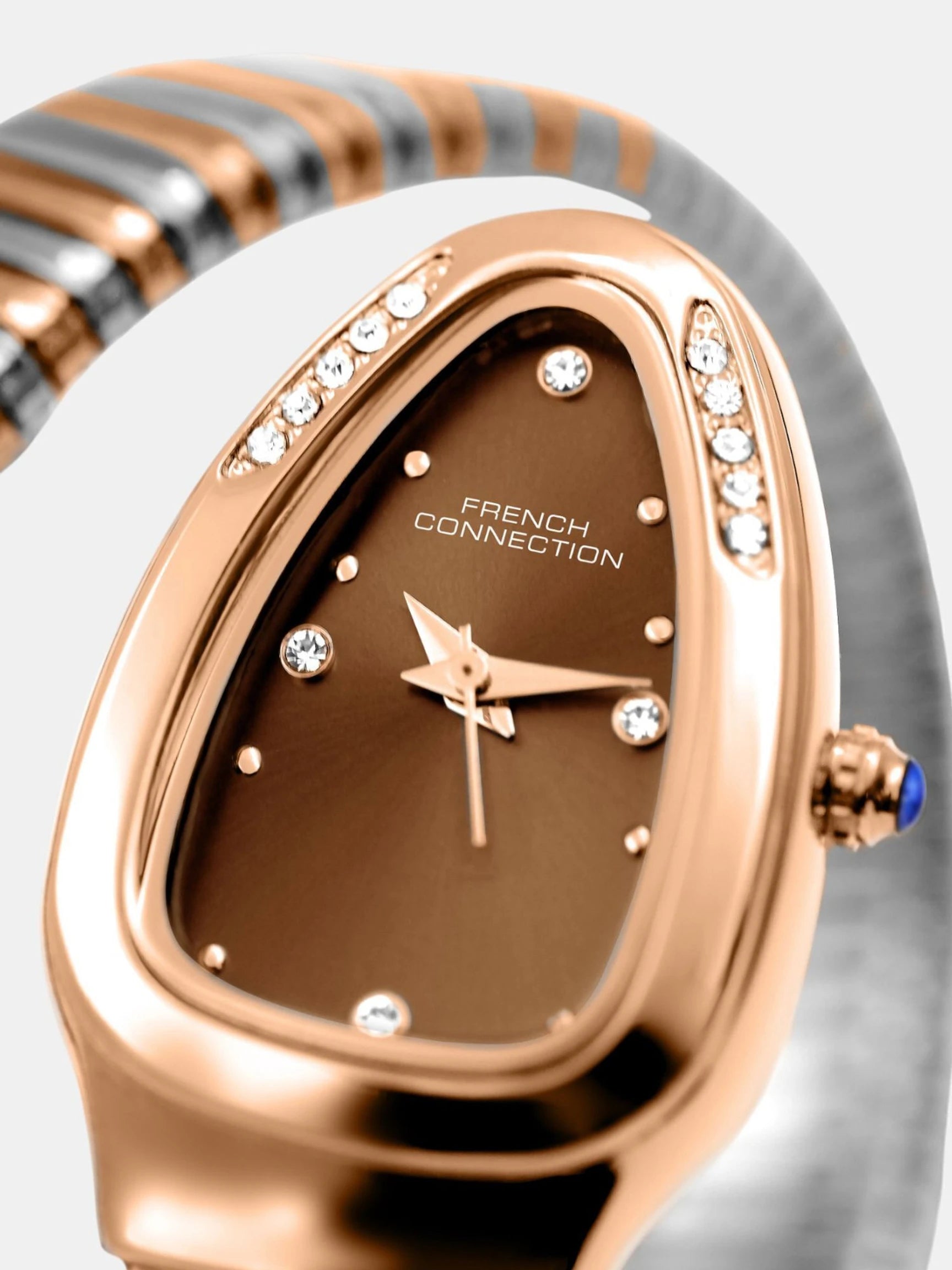French Connection The Mystic Curve Women's Rose Gold Watch | Rhinestones Brown Sunray Dial Analog Watch – For Women FCN0110BRTM