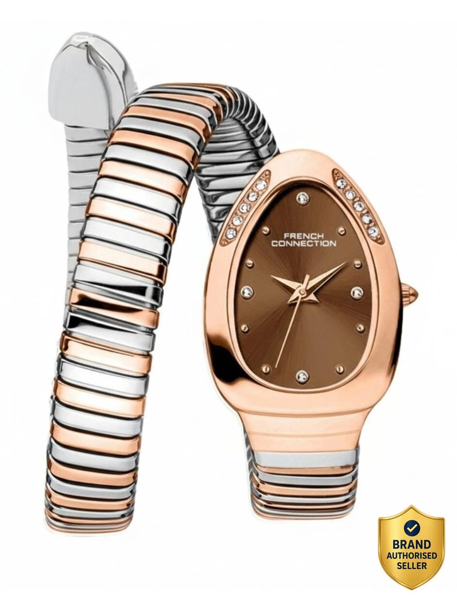 French Connection The Mystic Curve Women's Rose Gold Watch | Rhinestones Brown Sunray Dial Analog Watch – For Women FCN0110BRTM