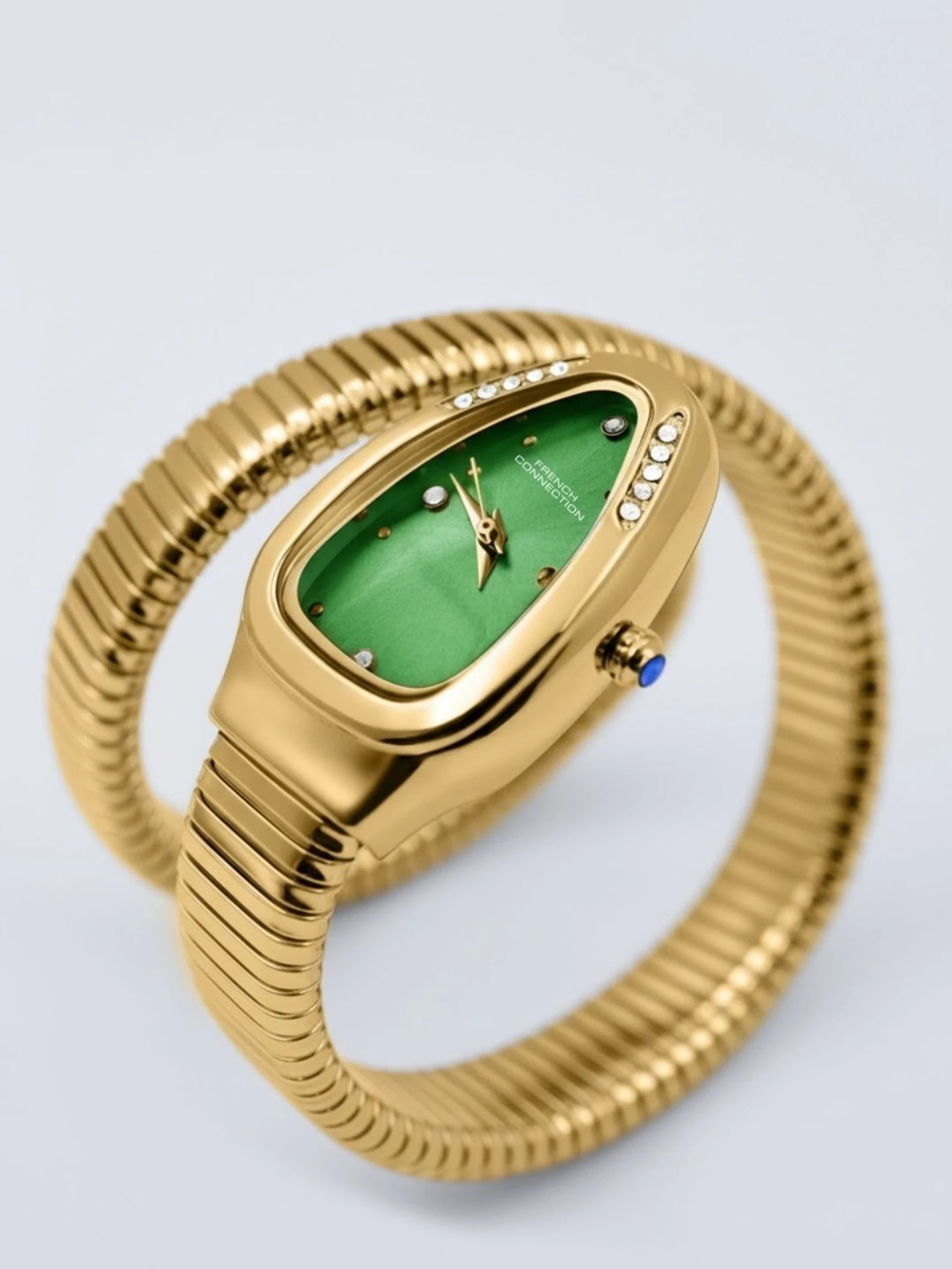 French Connection The Mystic Curve Women's  Gold Watch | Rhinestones Green Sunray Dial Analog Watch – For Women FCN0110GM