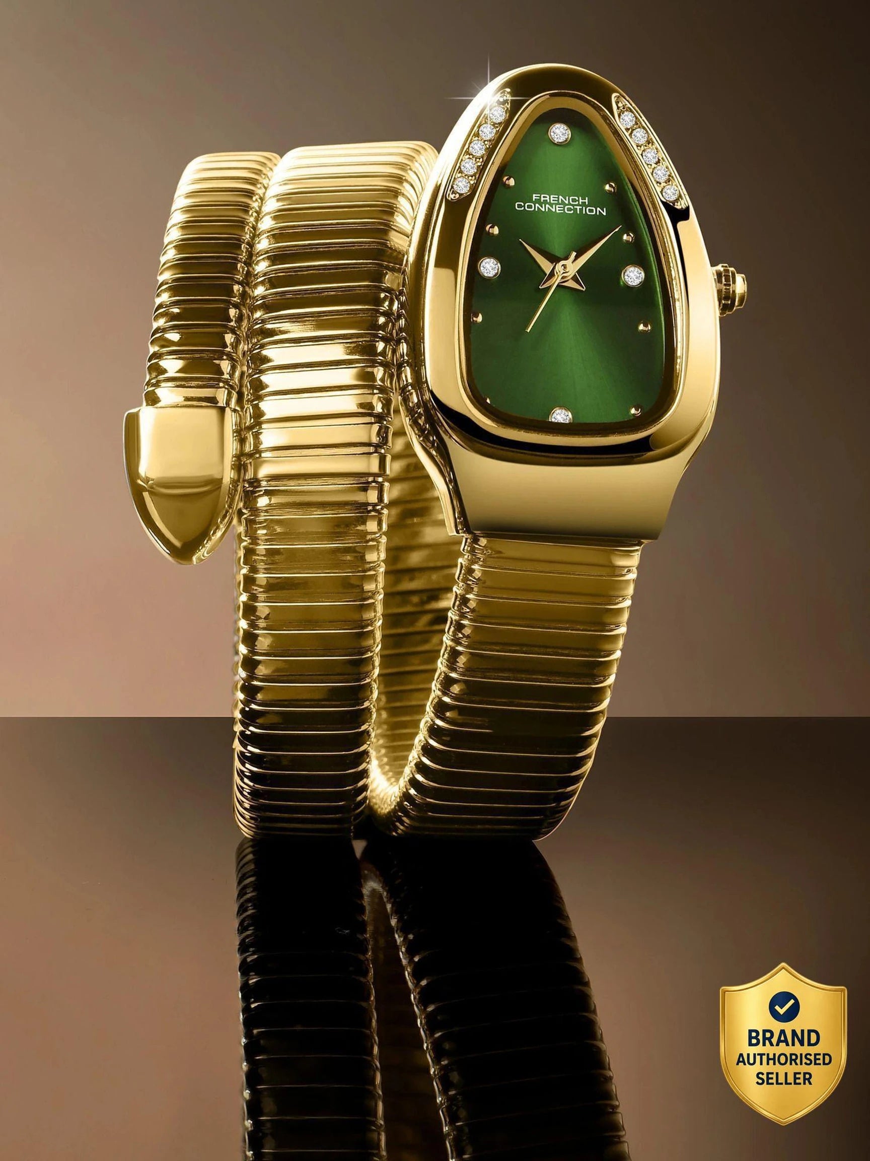 French Connection The Mystic Curve Women's  Gold Watch | Rhinestones Green Sunray Dial Analog Watch – For Women FCN0110GM