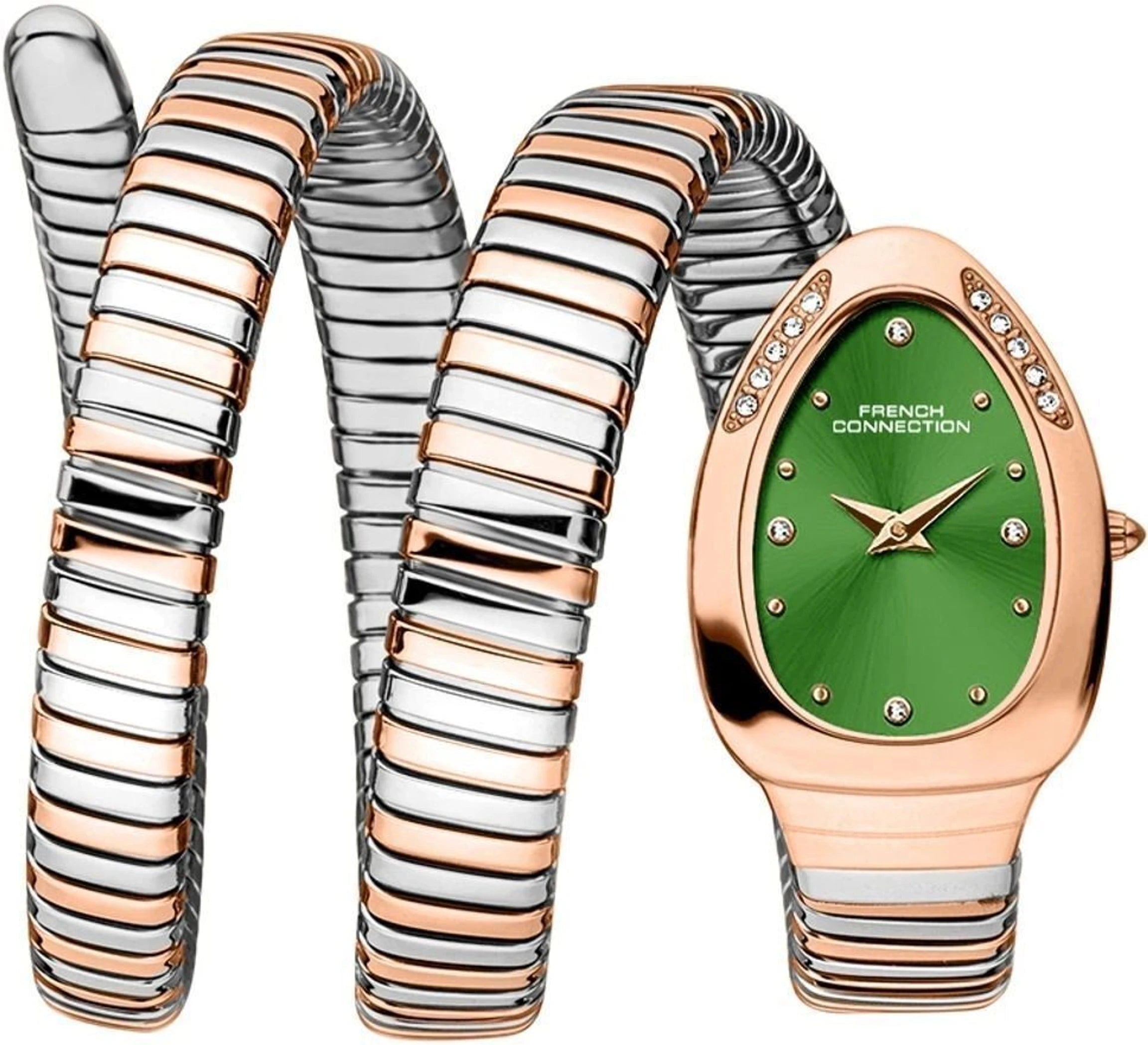 French Connection The Mystic Curve Women's Rose Gold Watch | Rhinestones Green  Sunray Dial Analog Watch – For Women FCN0110NRTM