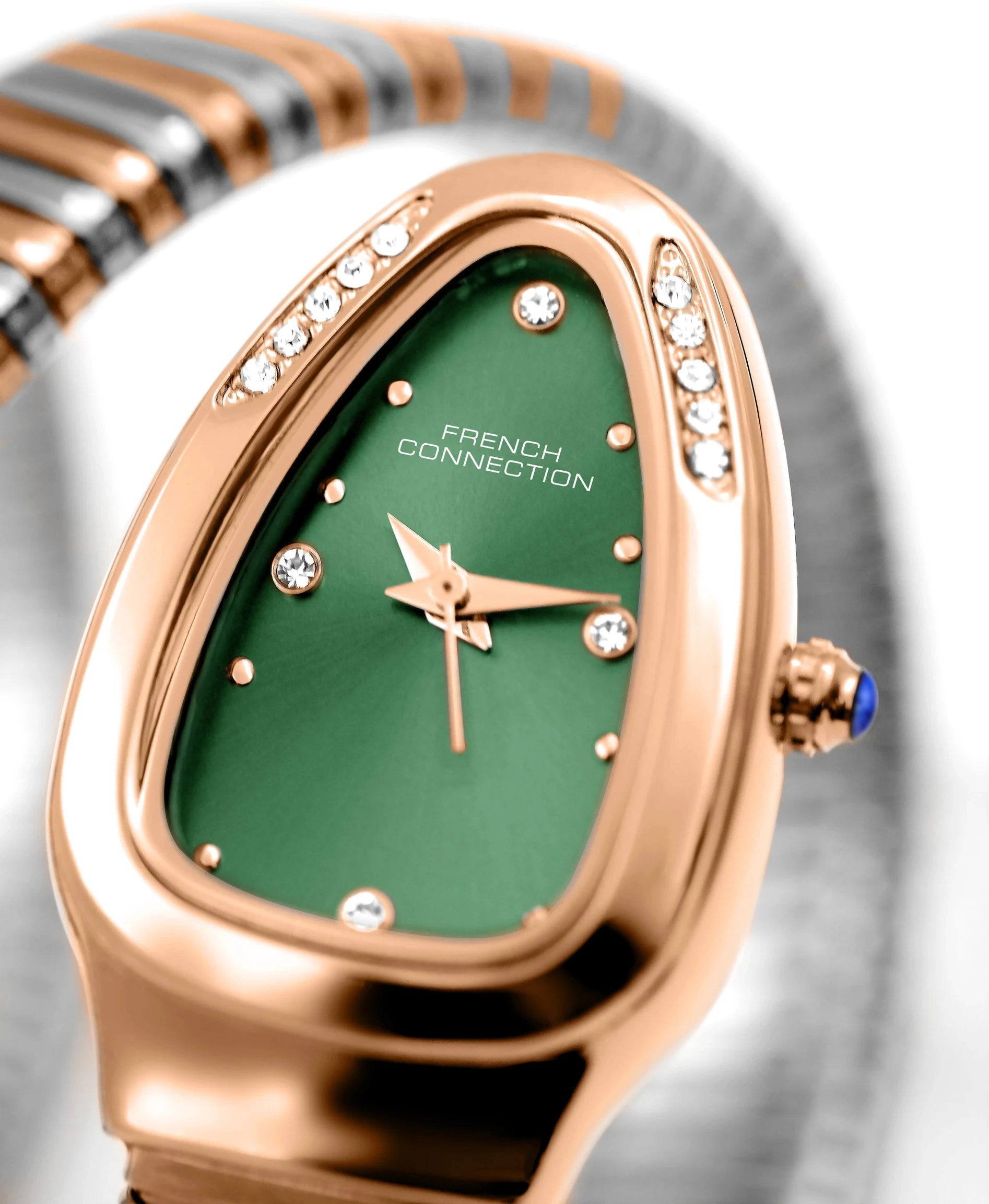 French Connection The Mystic Curve Women's Rose Gold Watch | Rhinestones Green  Sunray Dial Analog Watch – For Women FCN0110NRTM