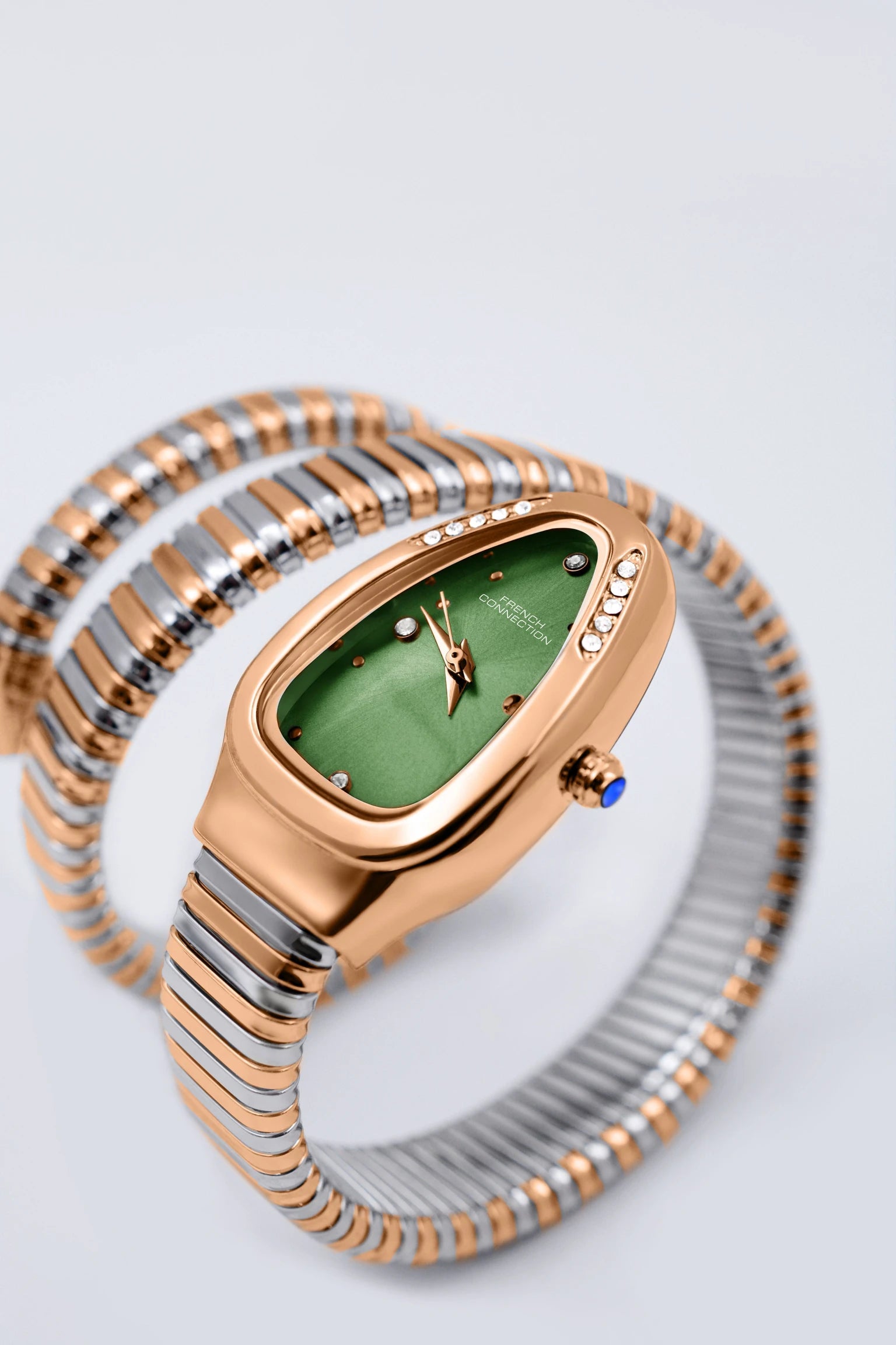 French Connection The Mystic Curve Women's Rose Gold Watch | Rhinestones Green  Sunray Dial Analog Watch – For Women FCN0110NRTM