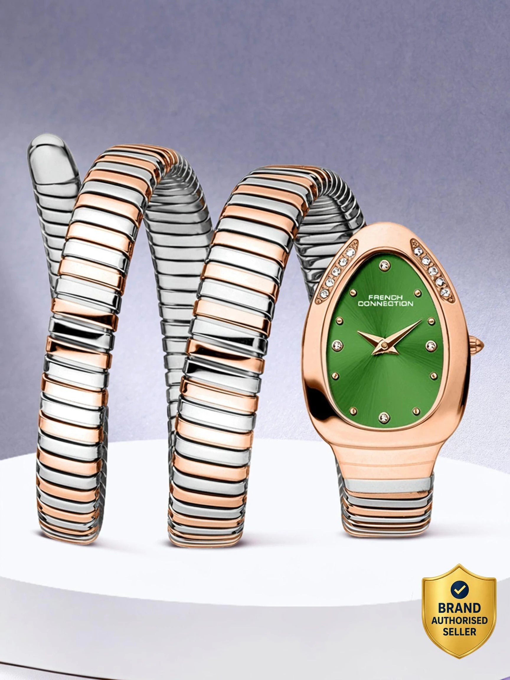 French Connection The Mystic Curve Women's Rose Gold Watch | Rhinestones Green  Sunray Dial Analog Watch – For Women FCN0110NRTM
